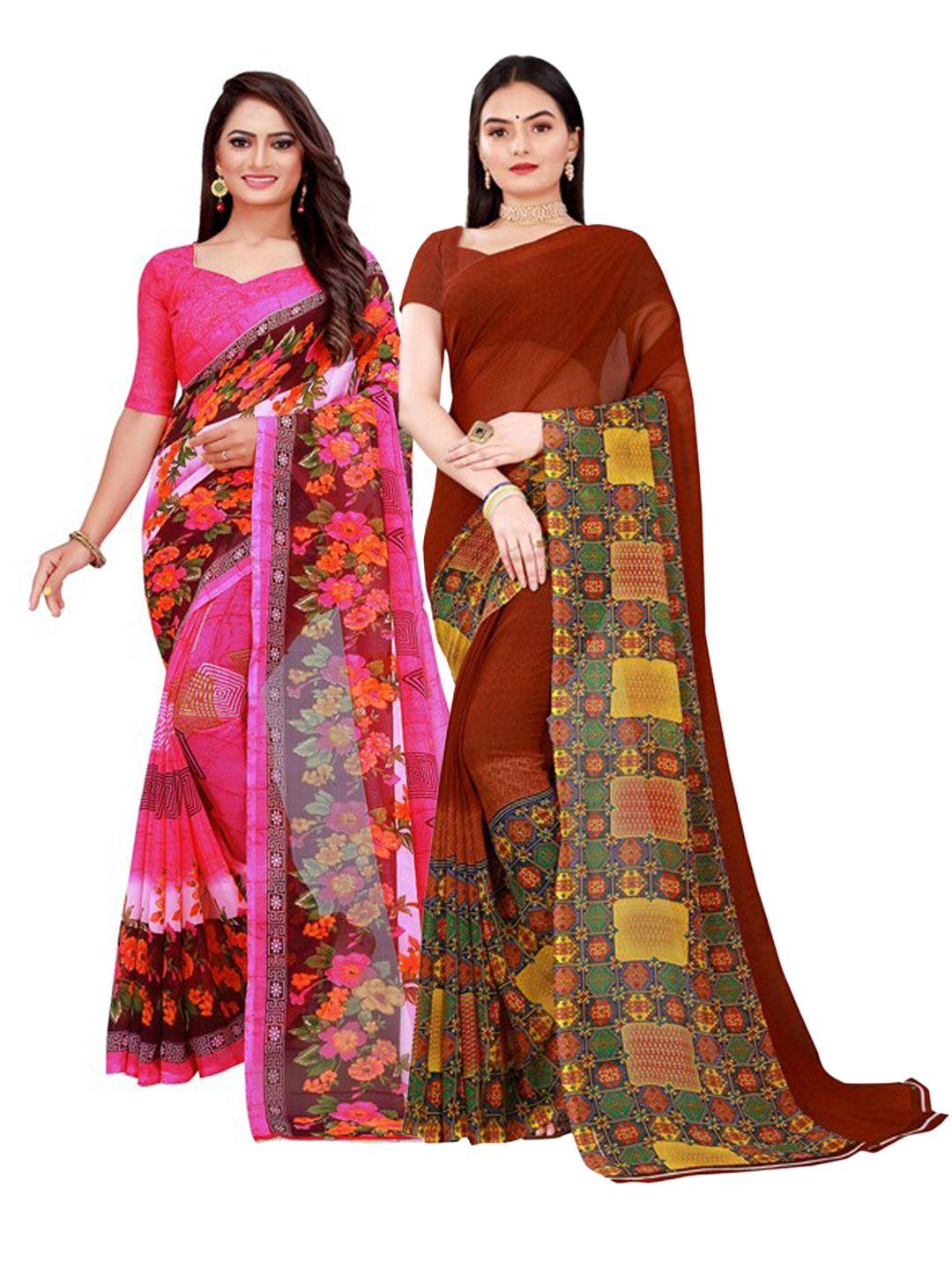 florence brown & pink set of 2 floral pure georgette saree