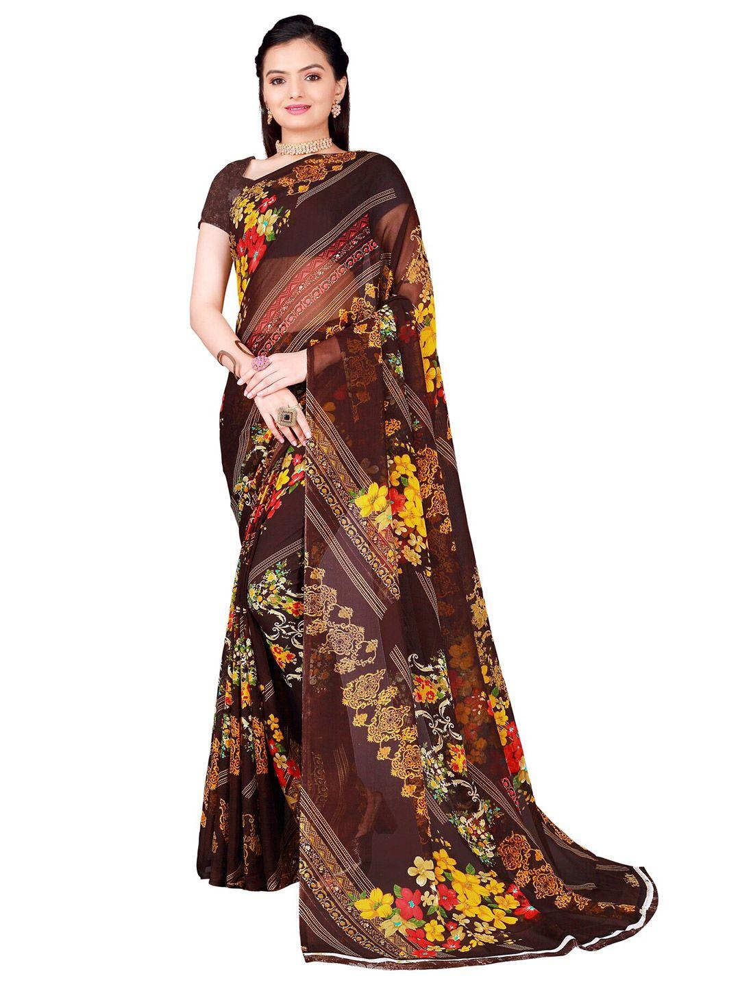 florence brown & yellow floral printed pure georgette saree