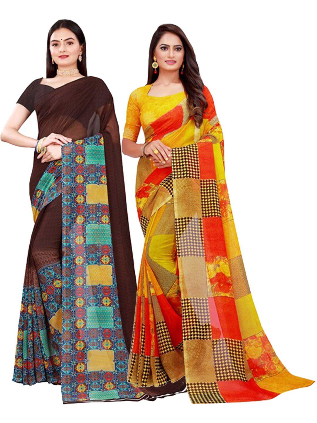 florence brown & yellow pure georgette saree