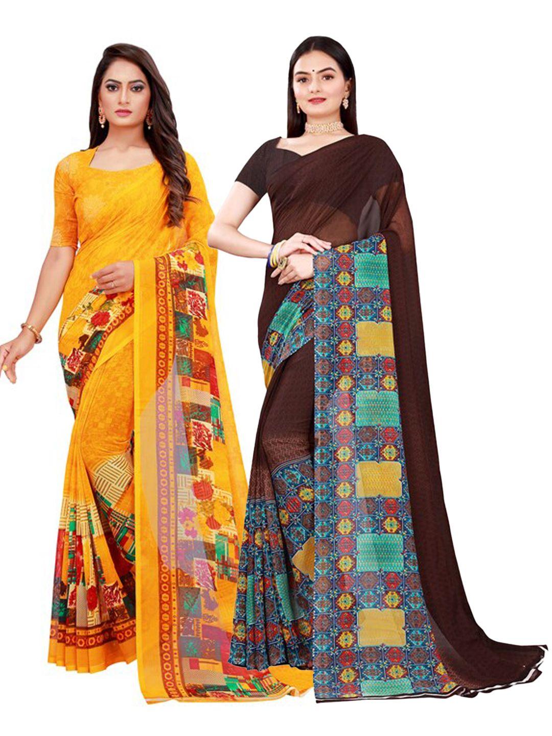 florence brown & yellow pure georgette saree