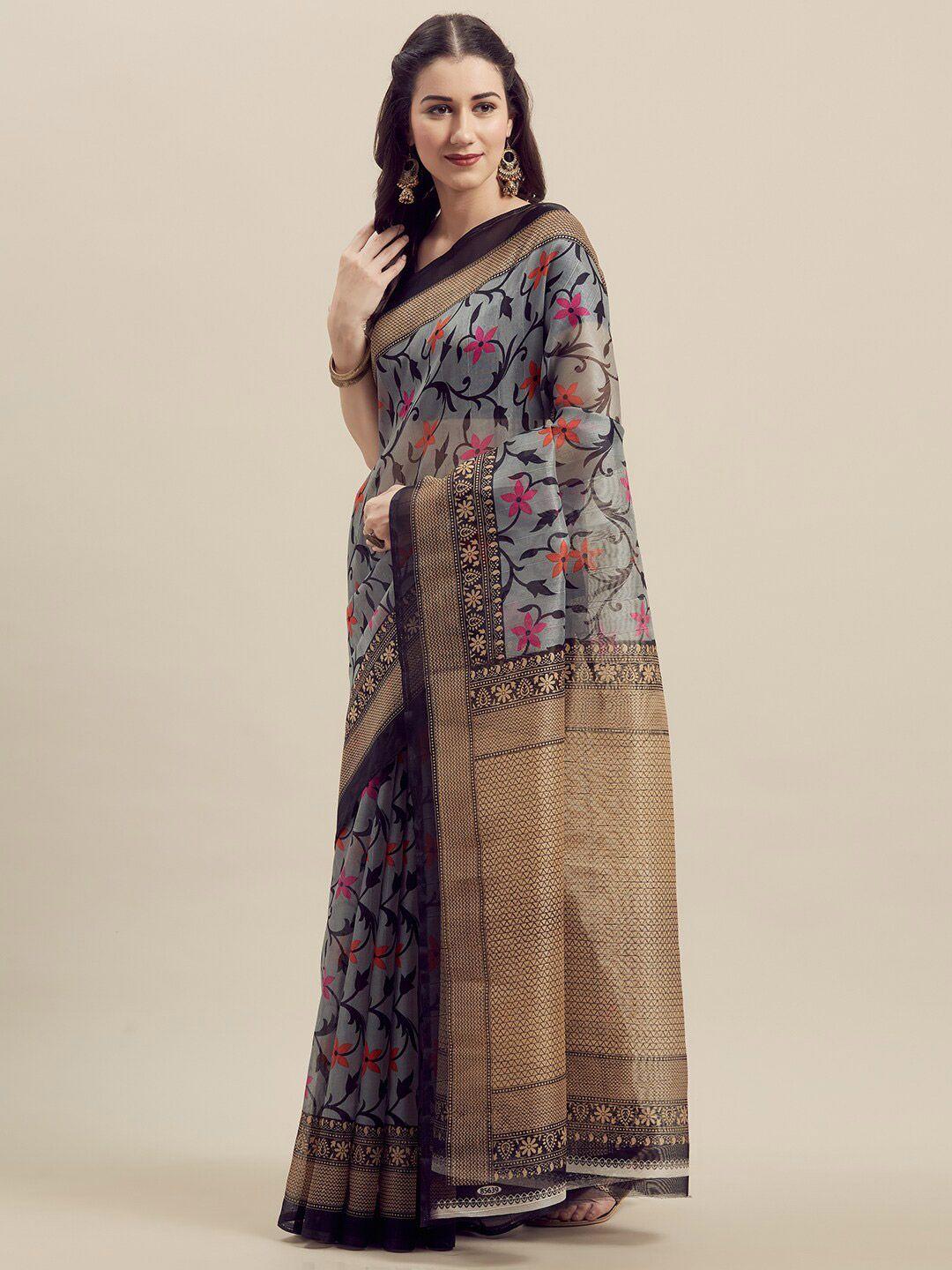 florence grey & black ethnic motifs art silk saree