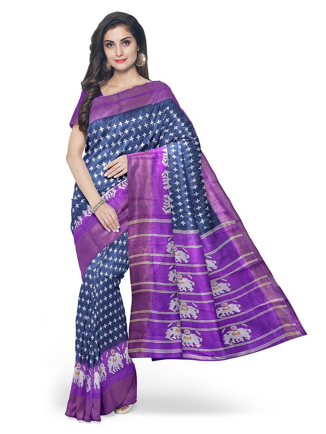 florence grey & purple kalamkari silk blend  bhagalpuri saree