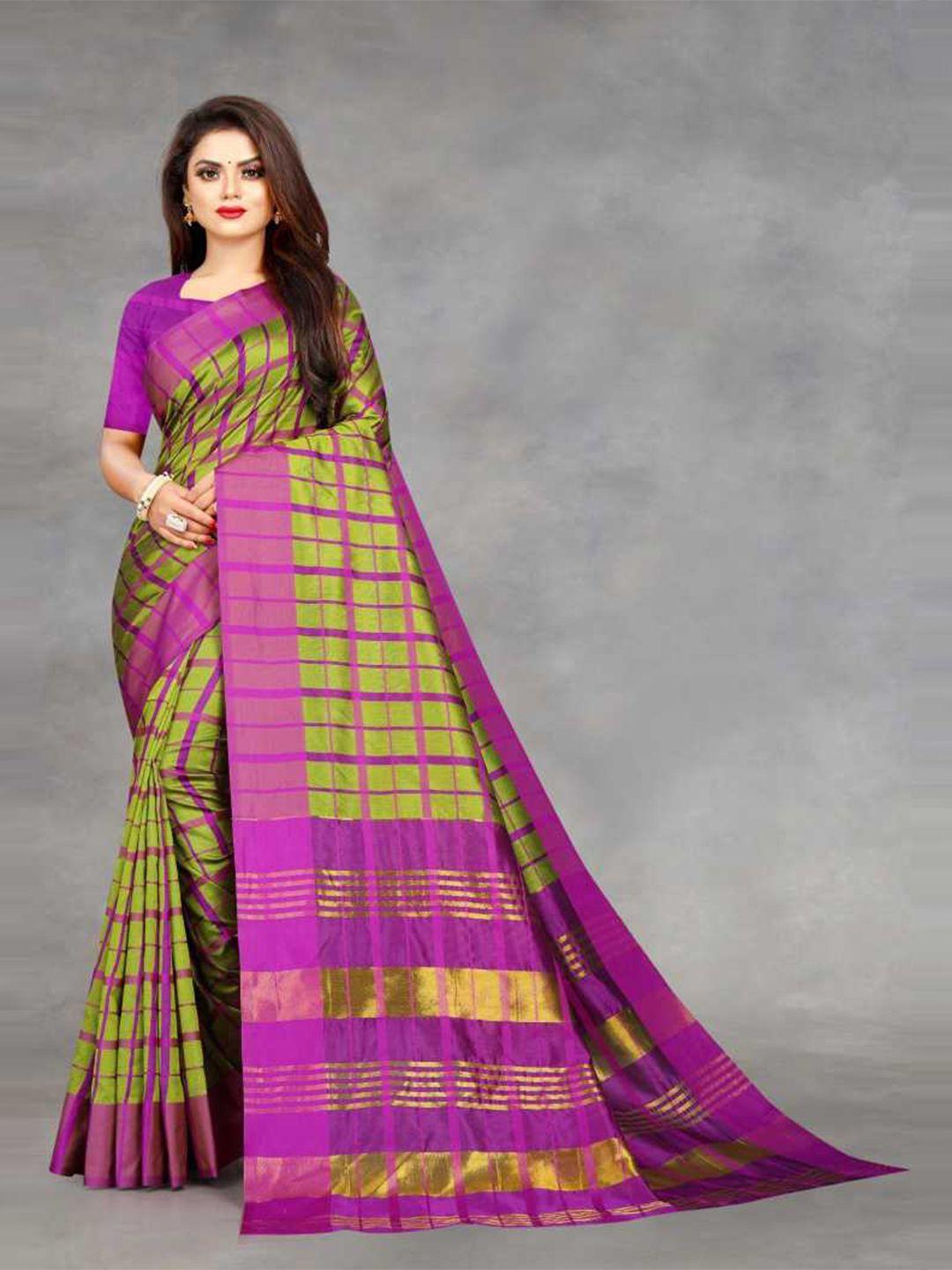 florence lime green & magenta checked silk blend saree
