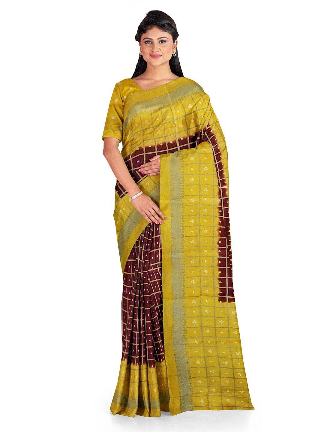 florence maroon & yellow bandhani silk blend fusion bandhani saree