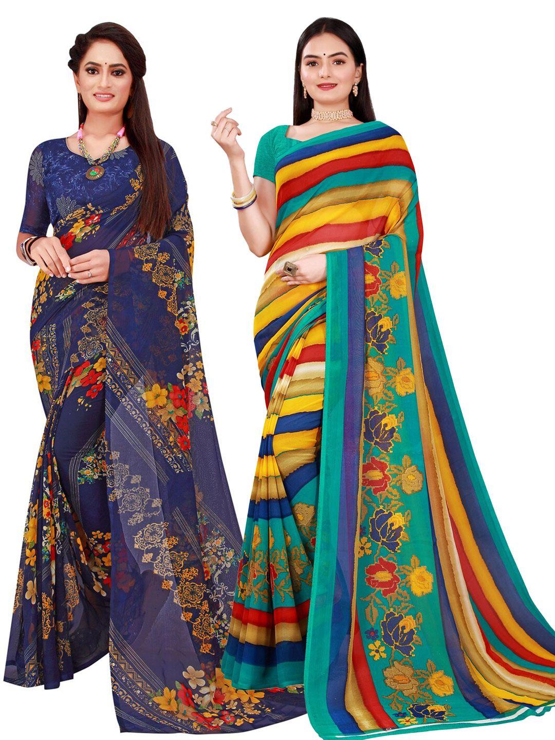 florence multicoloured & blue pack of 2 printed pure georgette saree
