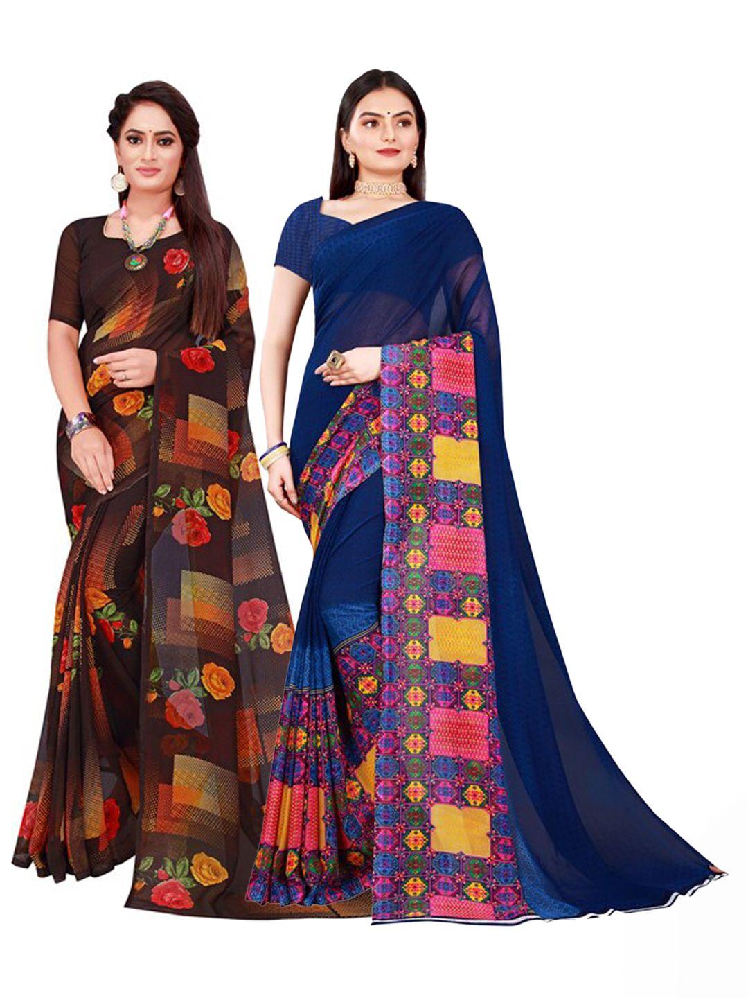 florence navy blue & brown pure georgette saree