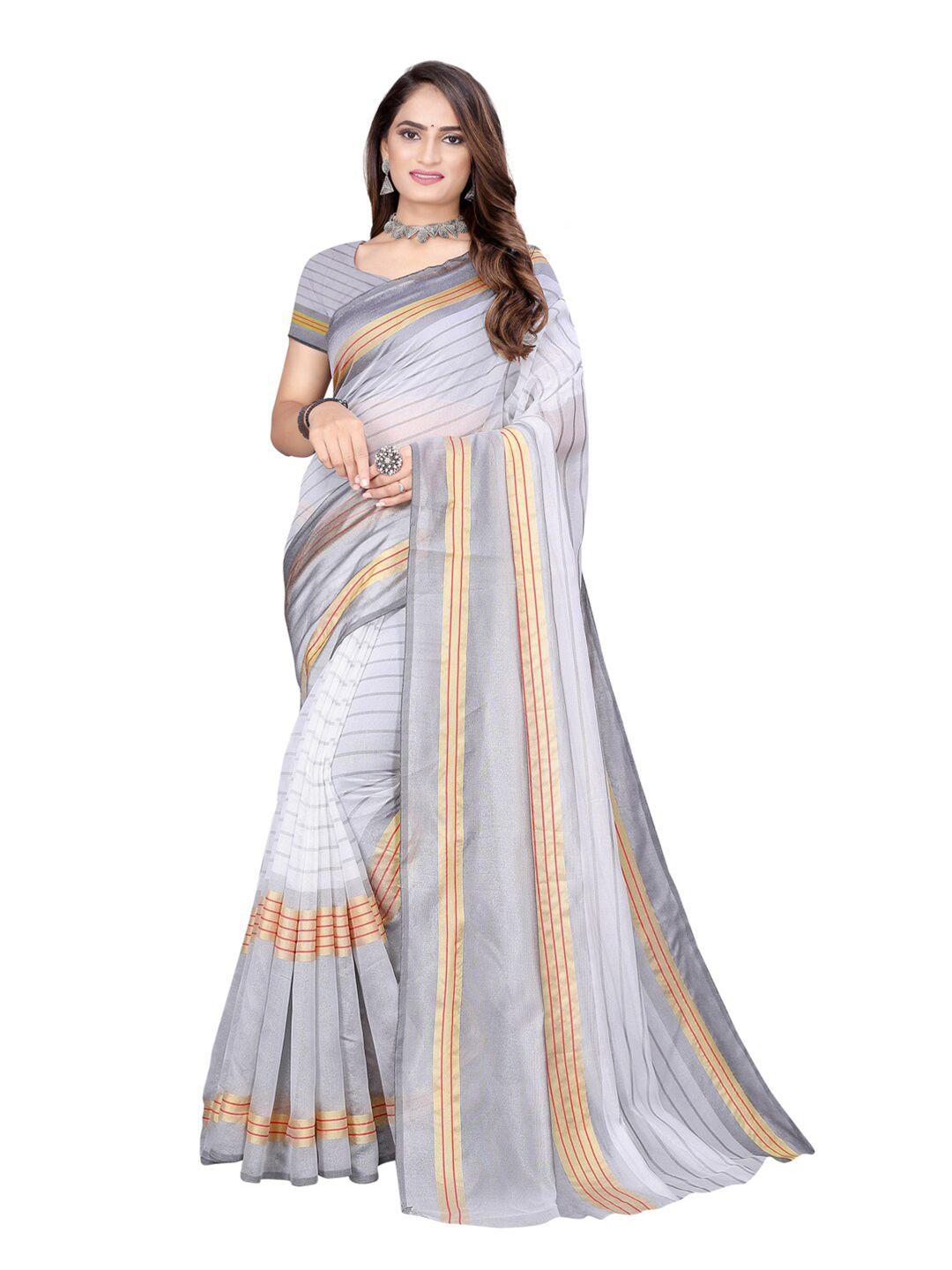 florence off white & gold-toned cotton blend striped saree