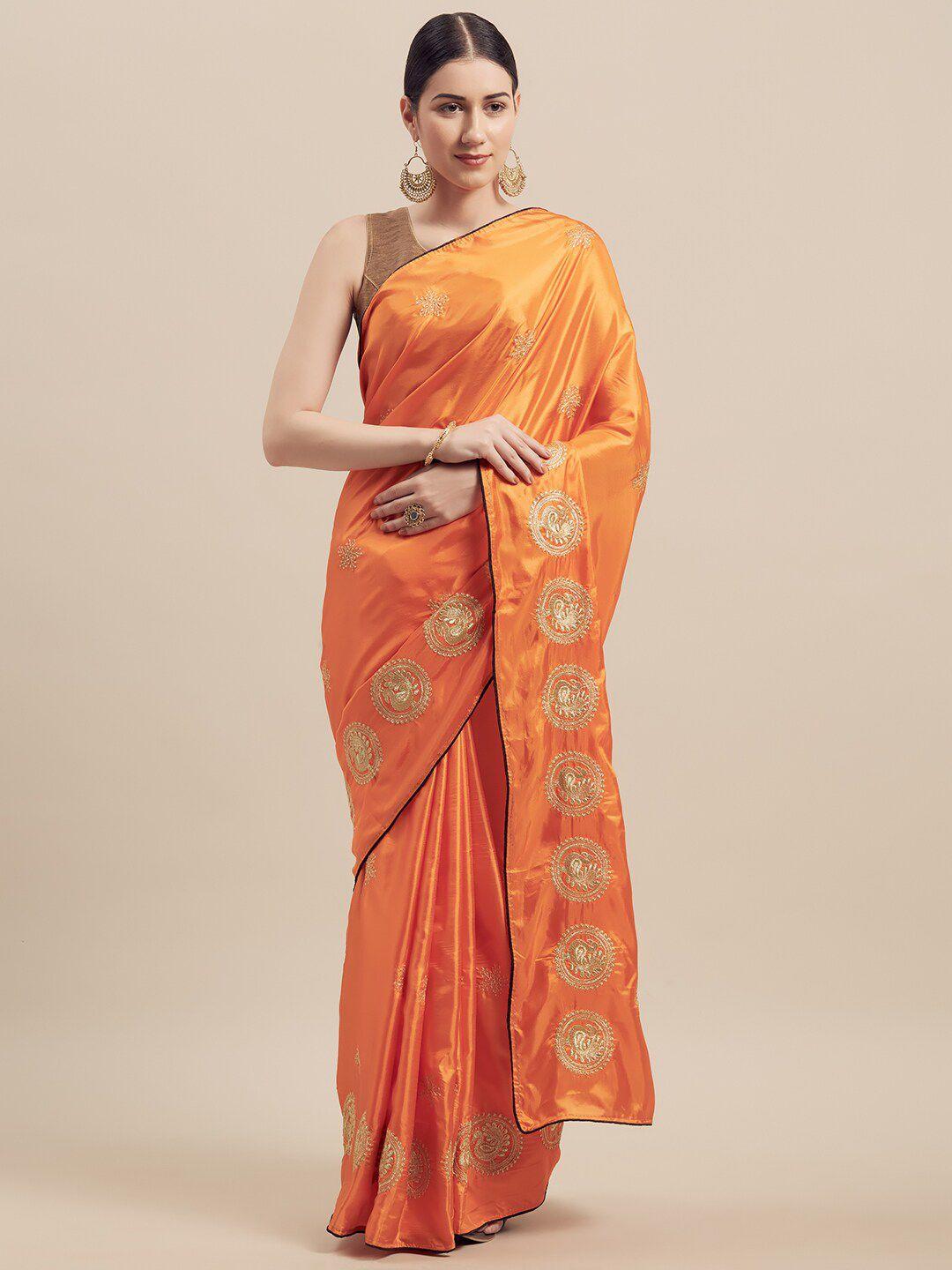 florence orange & gold-toned ethnic motifs paper silk saree