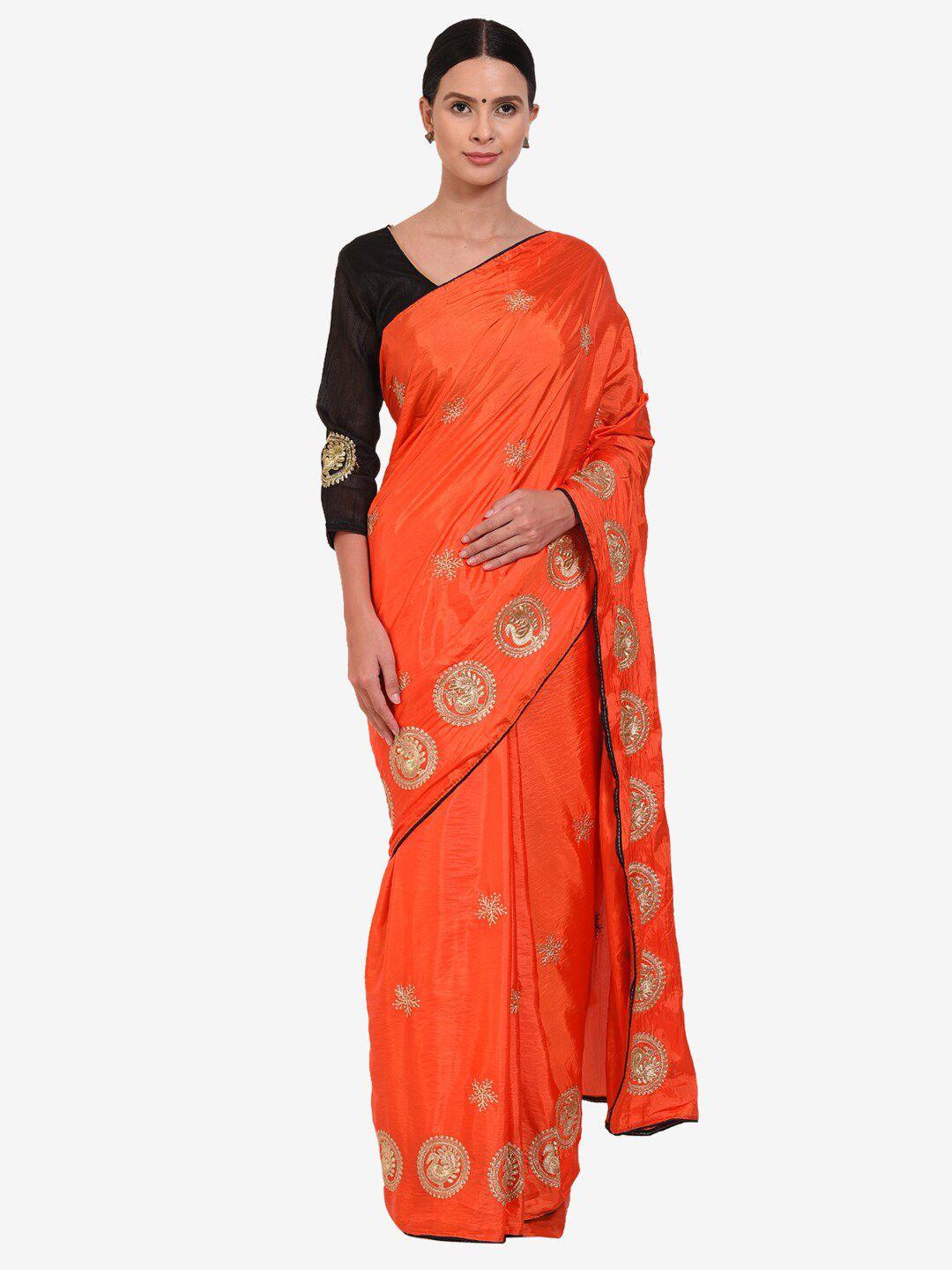 florence orange & gold-toned ethnic motifs silk blend saree