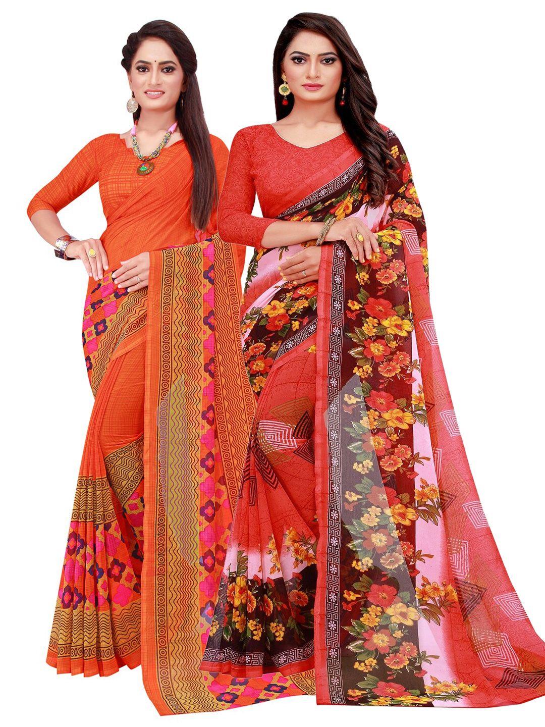 florence orange & red printed pure georgette saree pack of 2