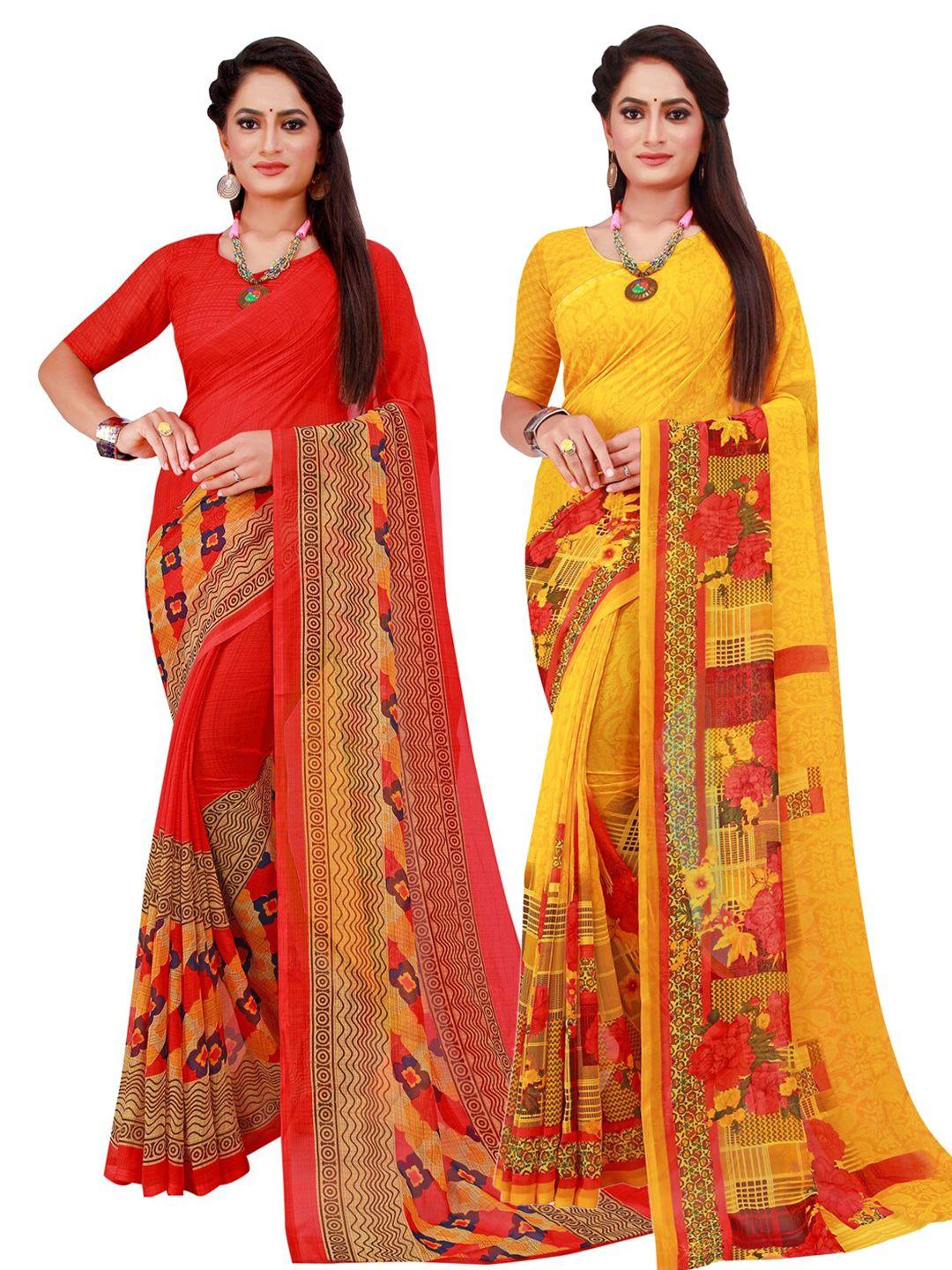 florence pack of 2 orange & yellow floral pure georgette saree