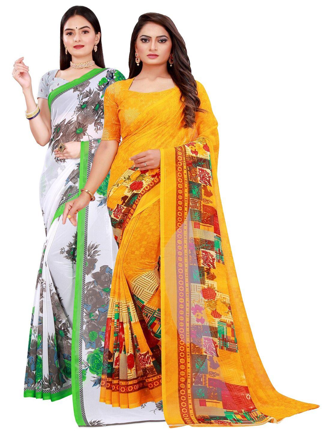 florence pack of 2 white & yellow ethnic motifs pure georgette saree