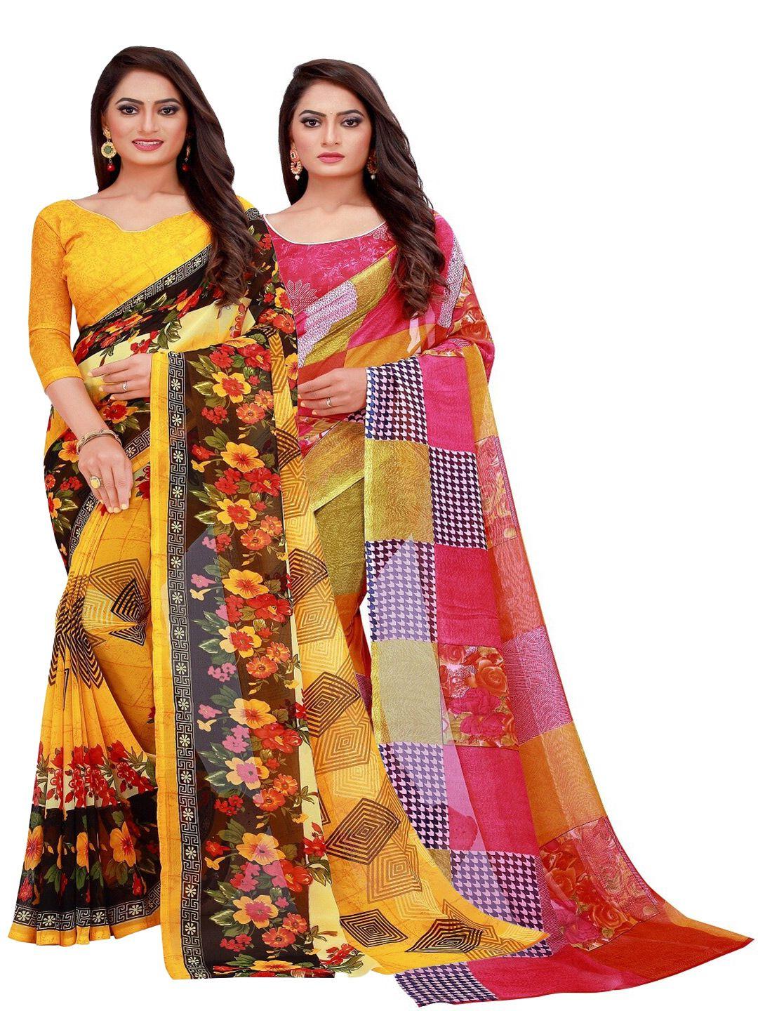 florence pack of 2 yellow & red printed pure georgette saree