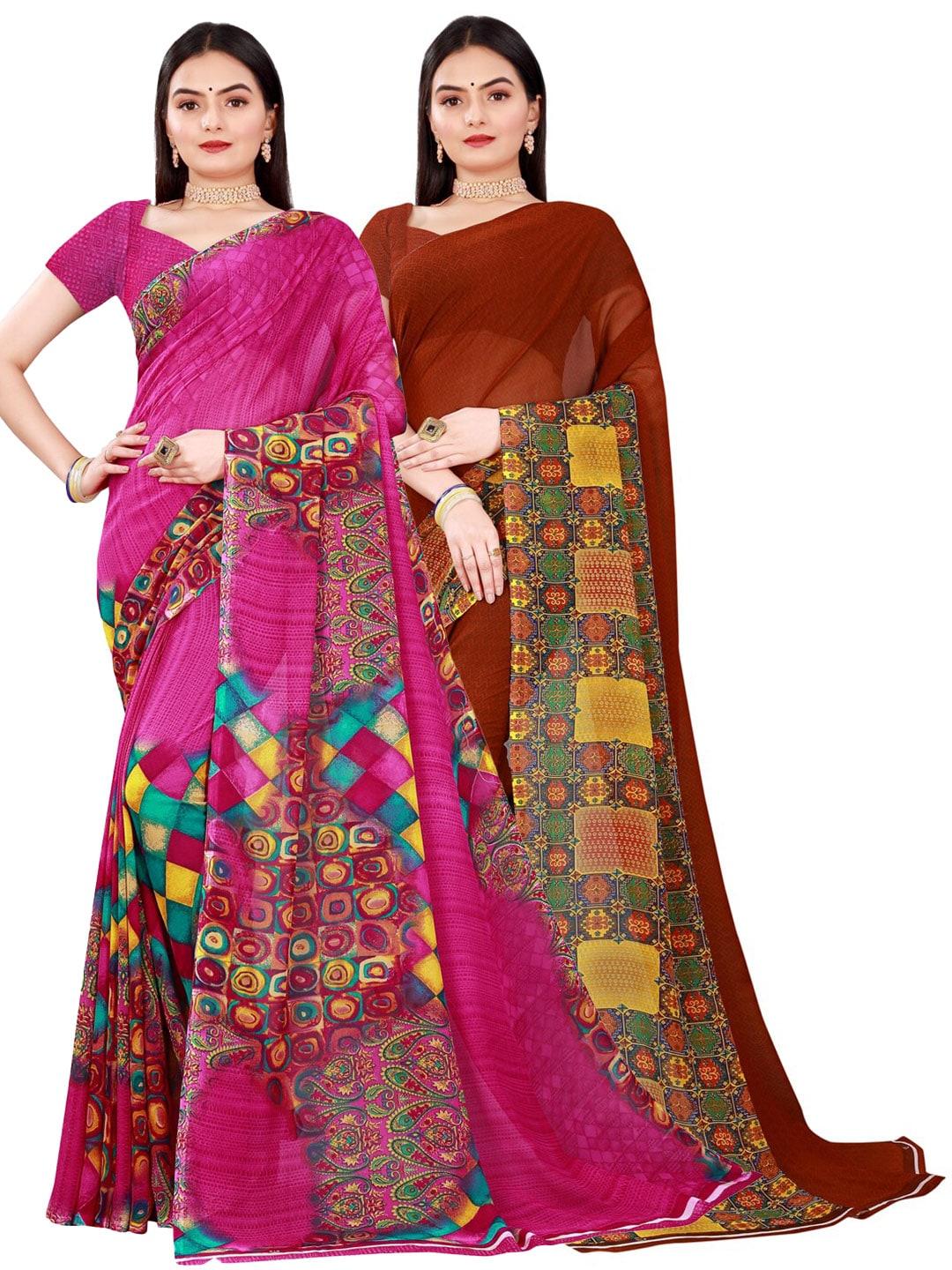 florence pink & brown set of 2 pure georgette saree