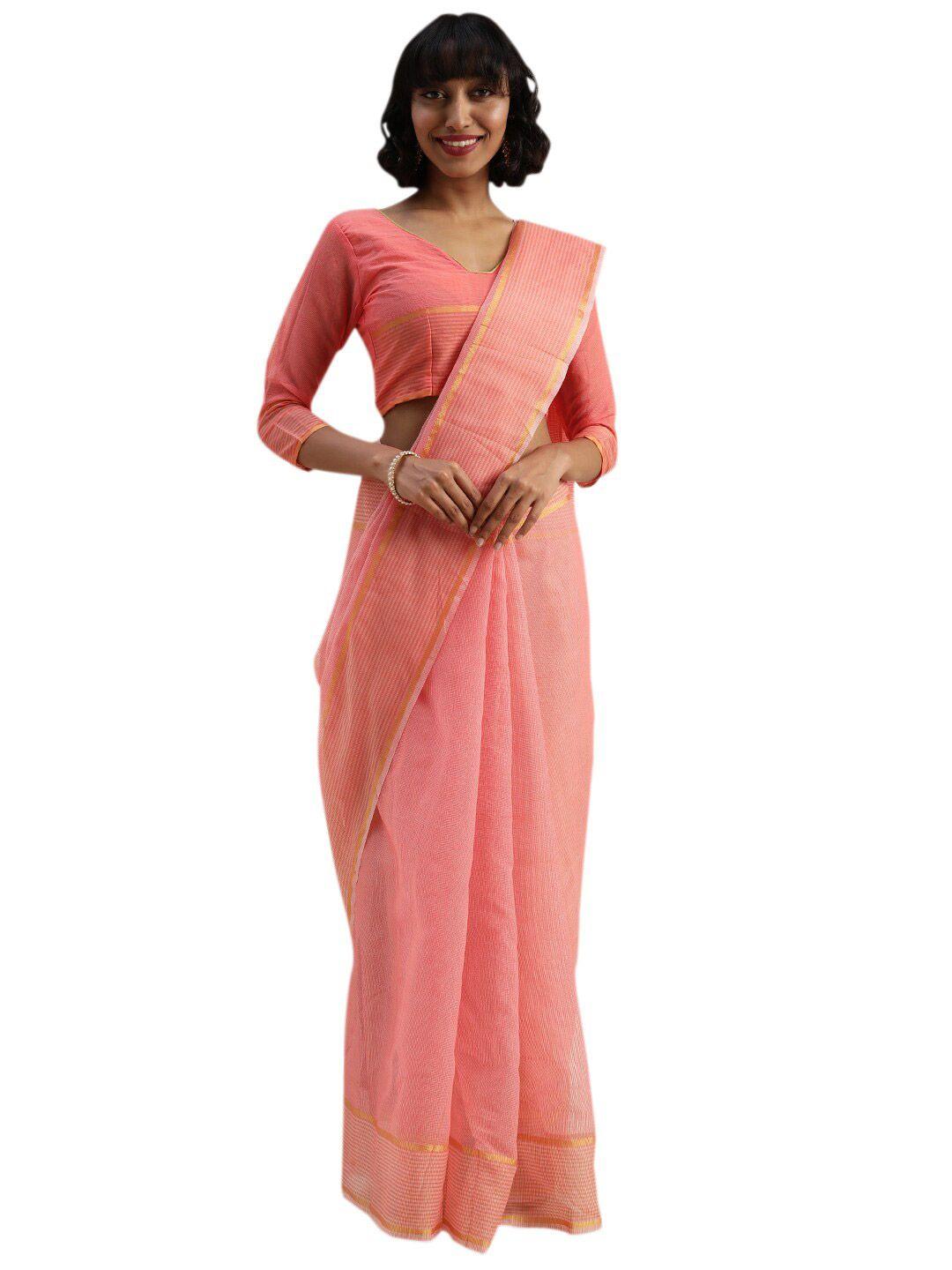 florence pink & gold-toned striped zari pure cotton saree