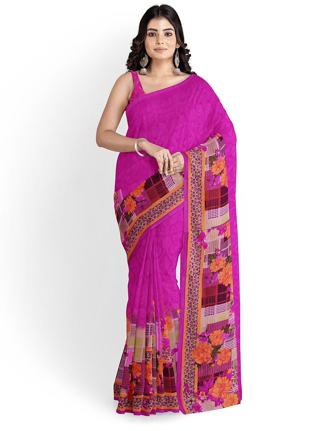 florence pink & green floral pure georgette fusion saree