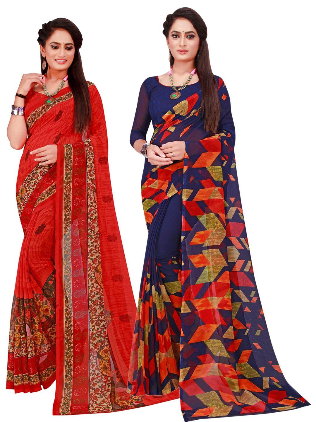 florence set of 2 navy blue & red floral pure georgette saree
