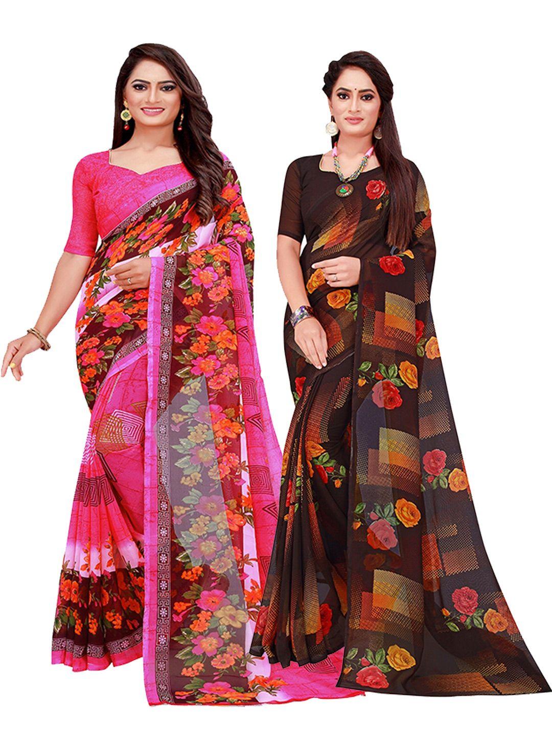 florence set of 2 pink & brown floral pure georgette saree
