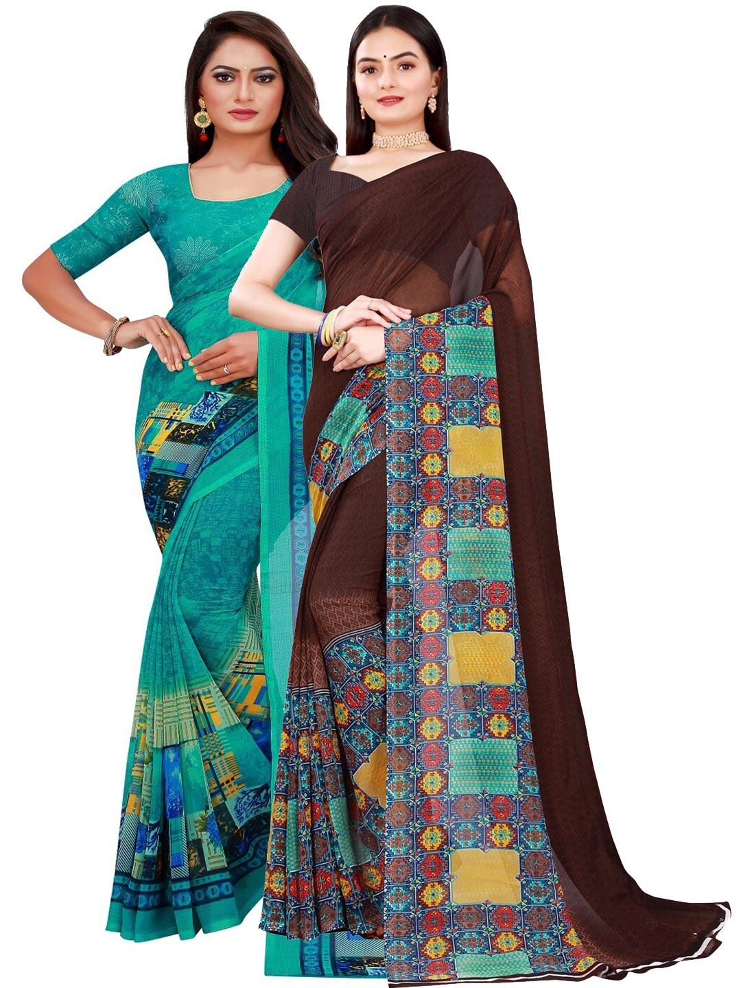 florence teal & brown pure georgette saree