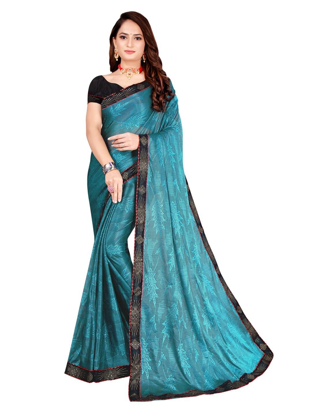 florence teal blue & black floral art silk saree