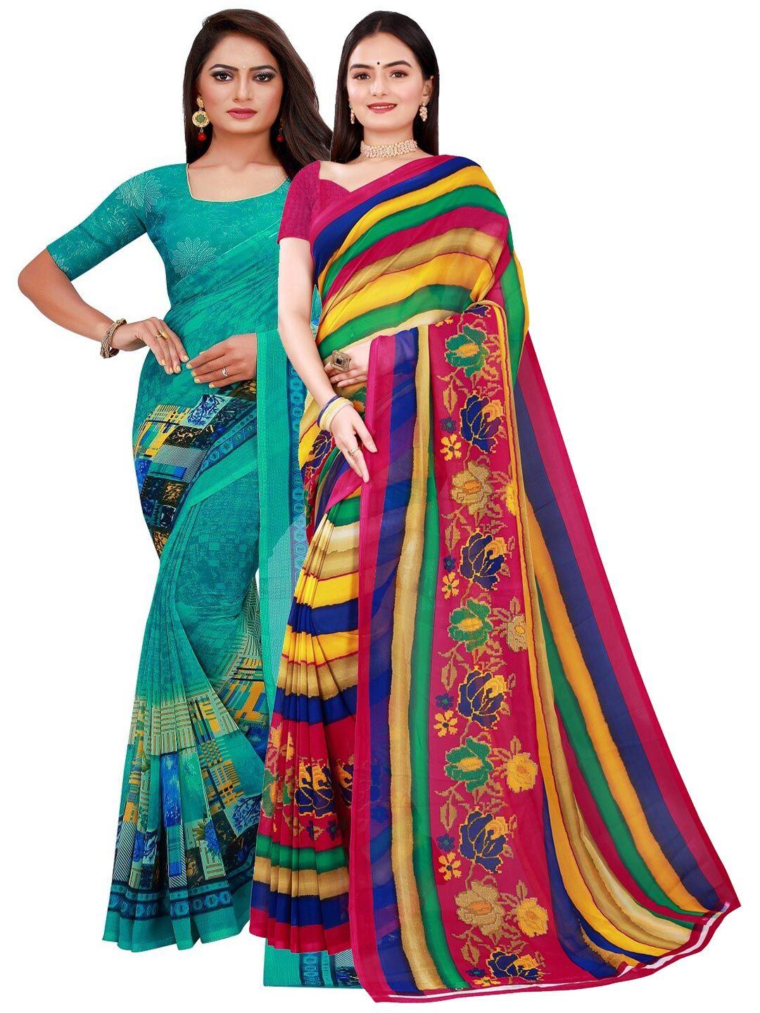 florence turquoise blue & pink set of 2 pure georgette saree