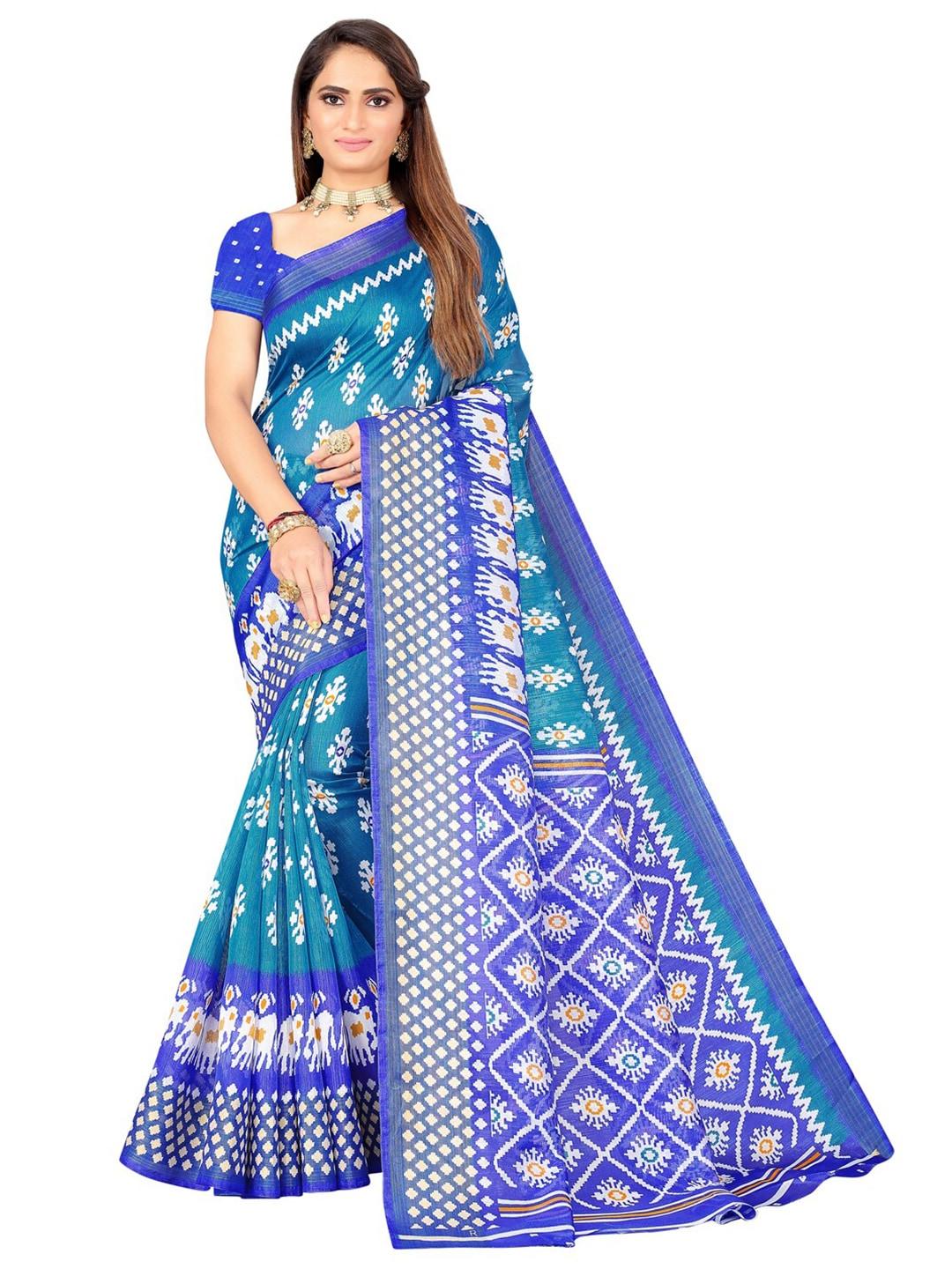 florence turquoise blue & white ethnic motifs zari art silk ikat saree