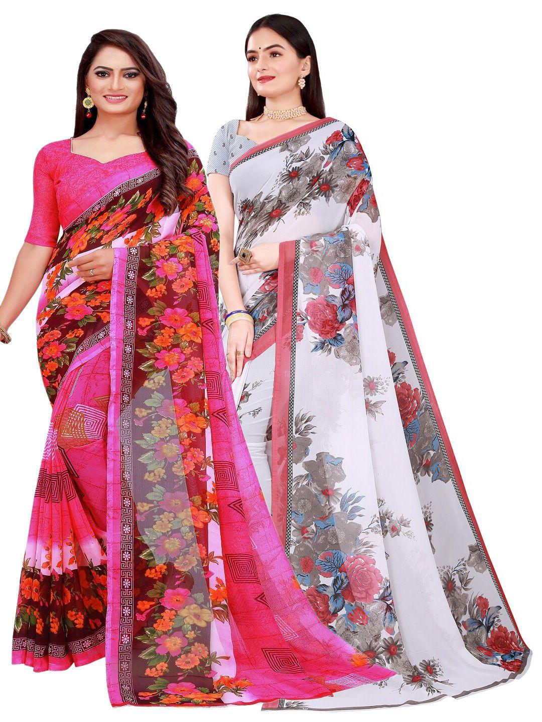 florence white & pink set of 2 floral printed georgette saree