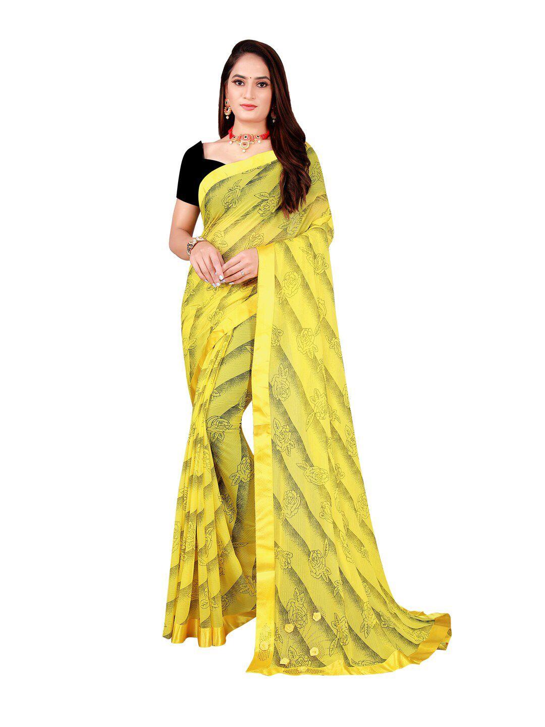 florence yellow & black floral art silk saree