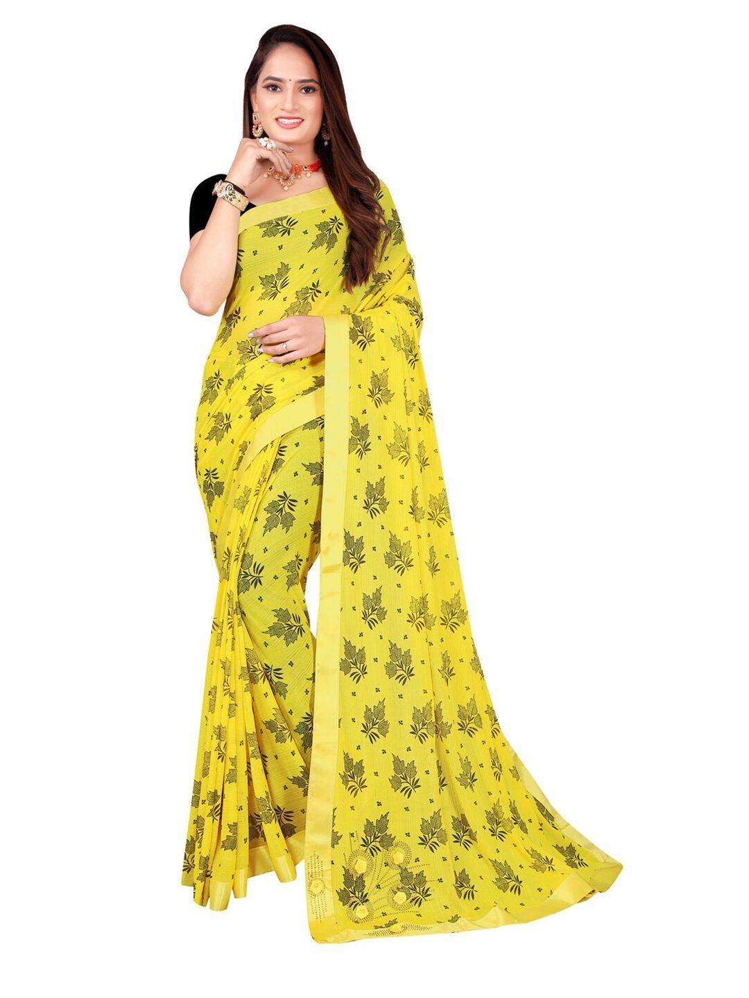 florence yellow & black floral printed art silk saree