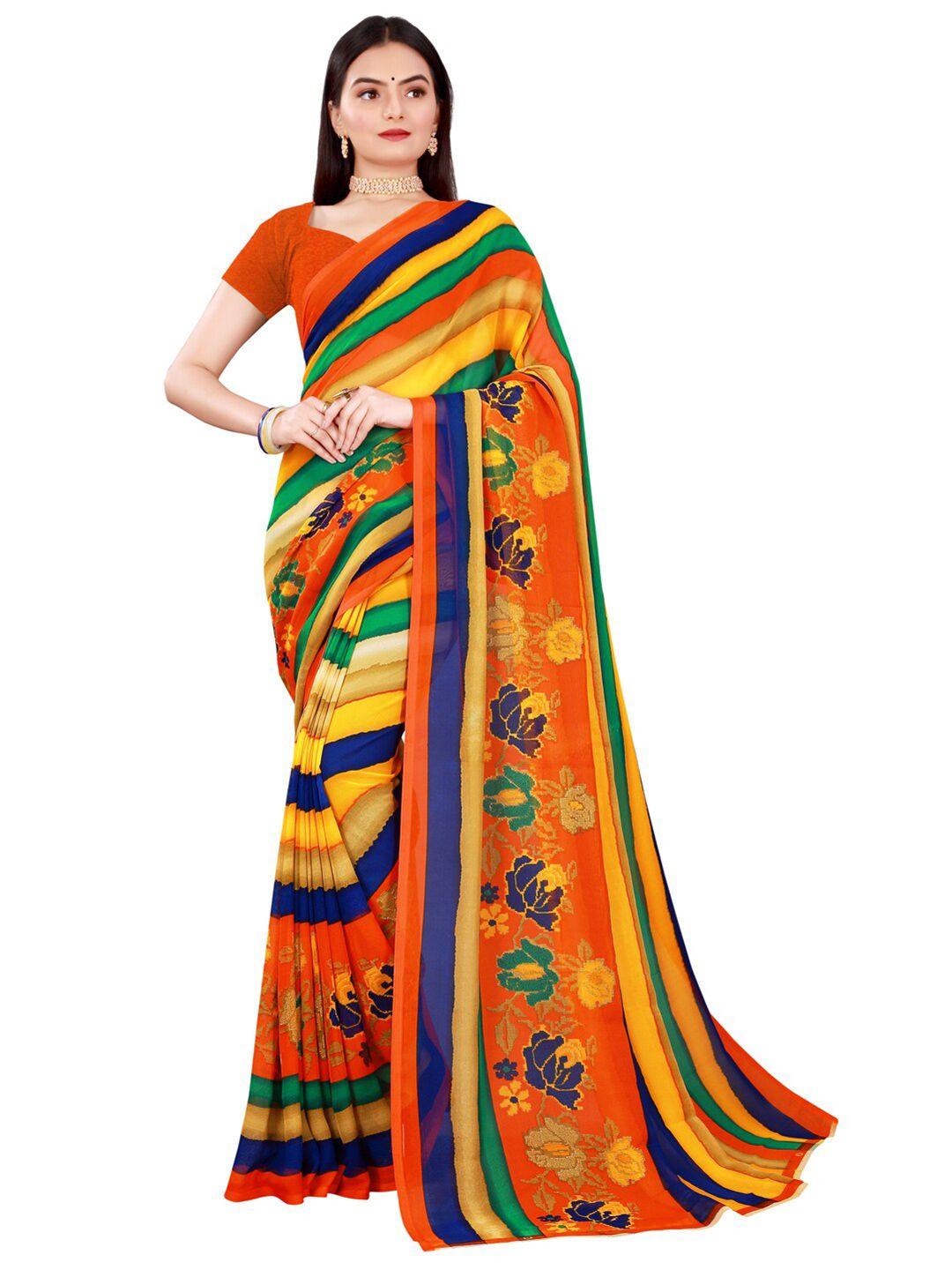 florence yellow & blue striped pure georgette saree