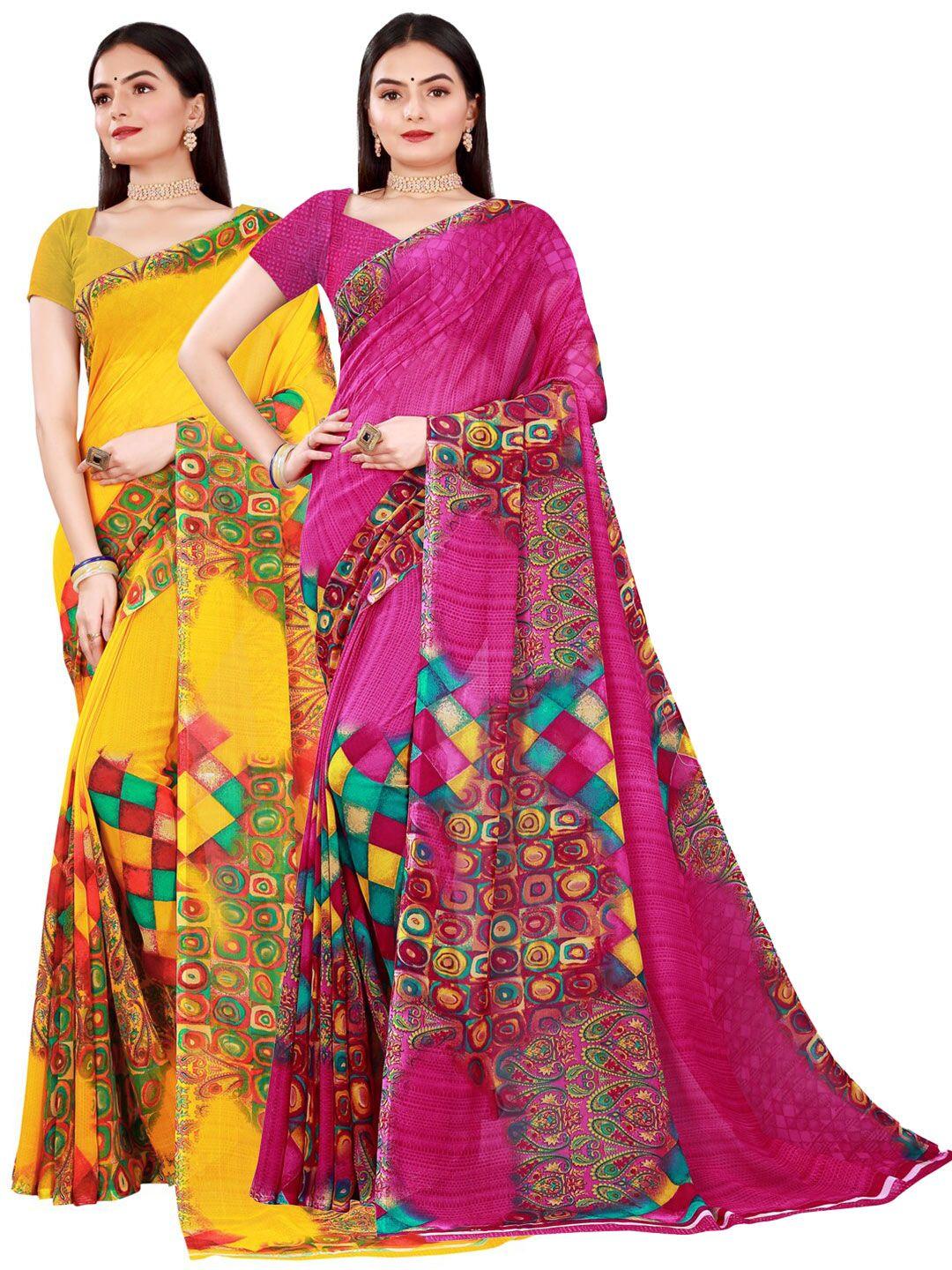 florence yellow & magenta pure georgette saree
