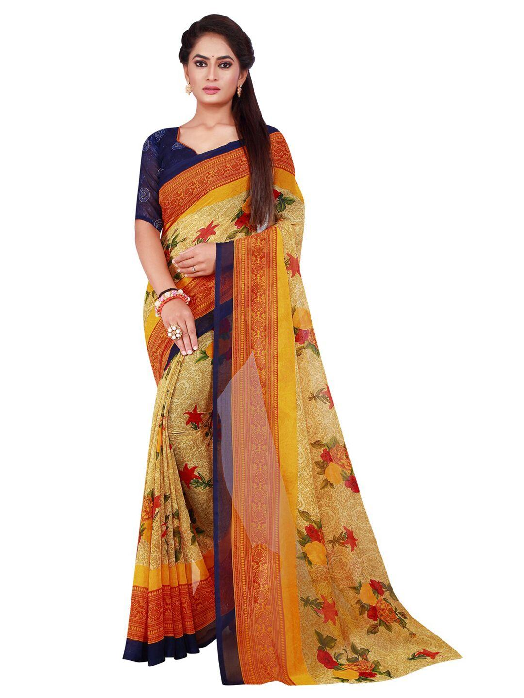 florence beige & red floral pure georgette saree