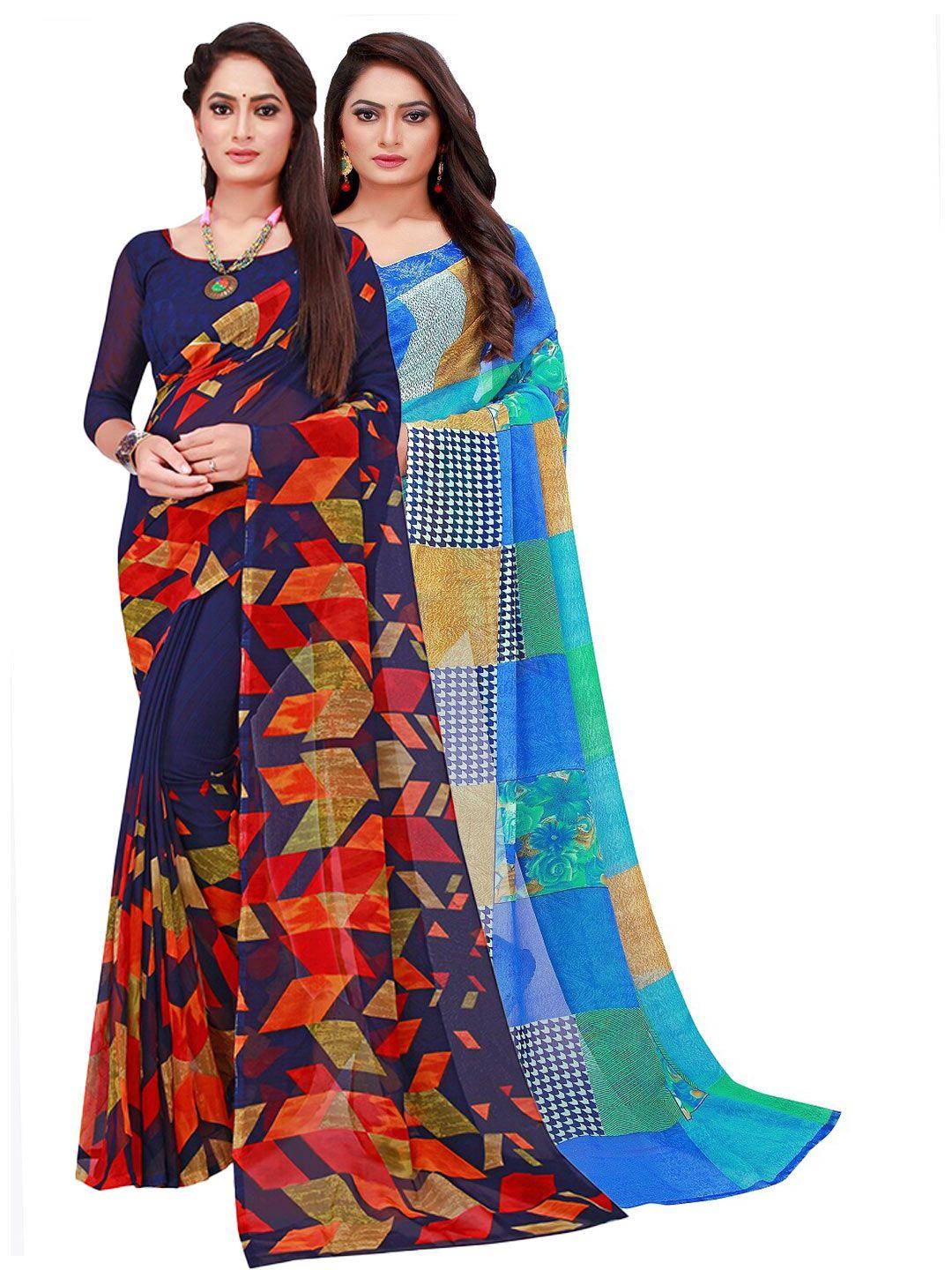 florence black & blue printed pure georgette saree