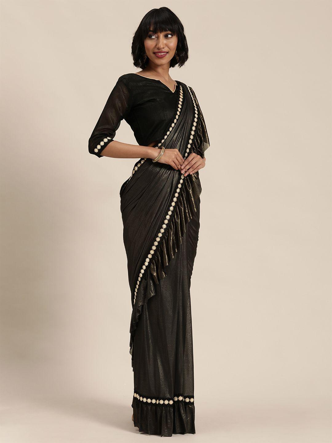 florence black solid sheen effect ruffle saree