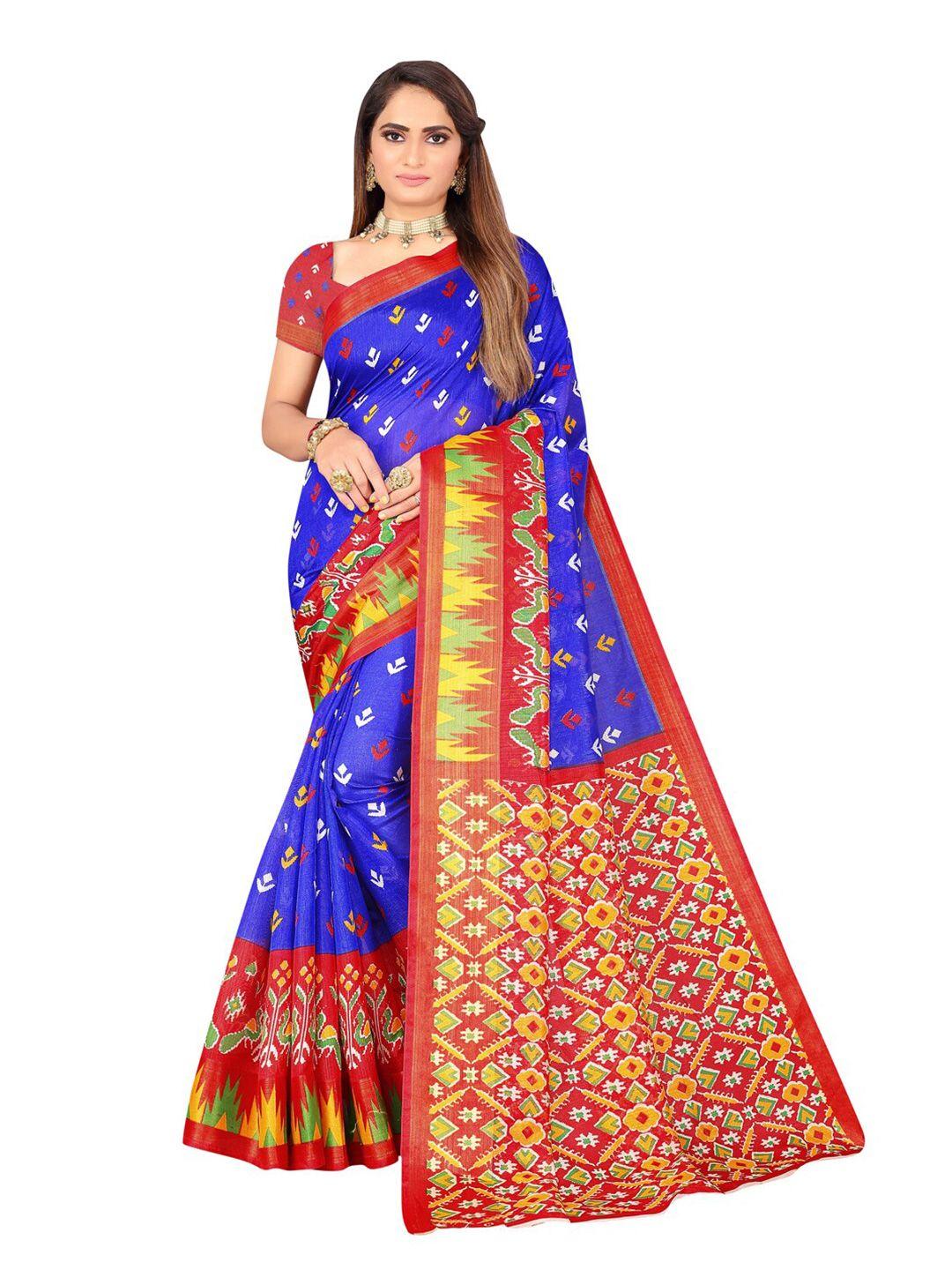 florence blue & pink ethnic motifs zari art silk ikat saree