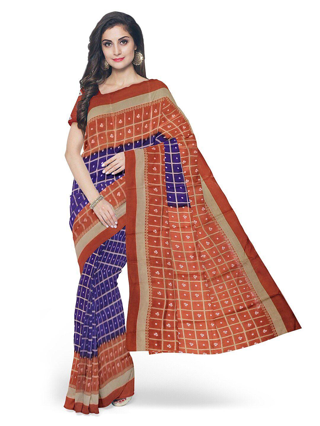 florence blue & rust printed art silk saree with unstithed blouse