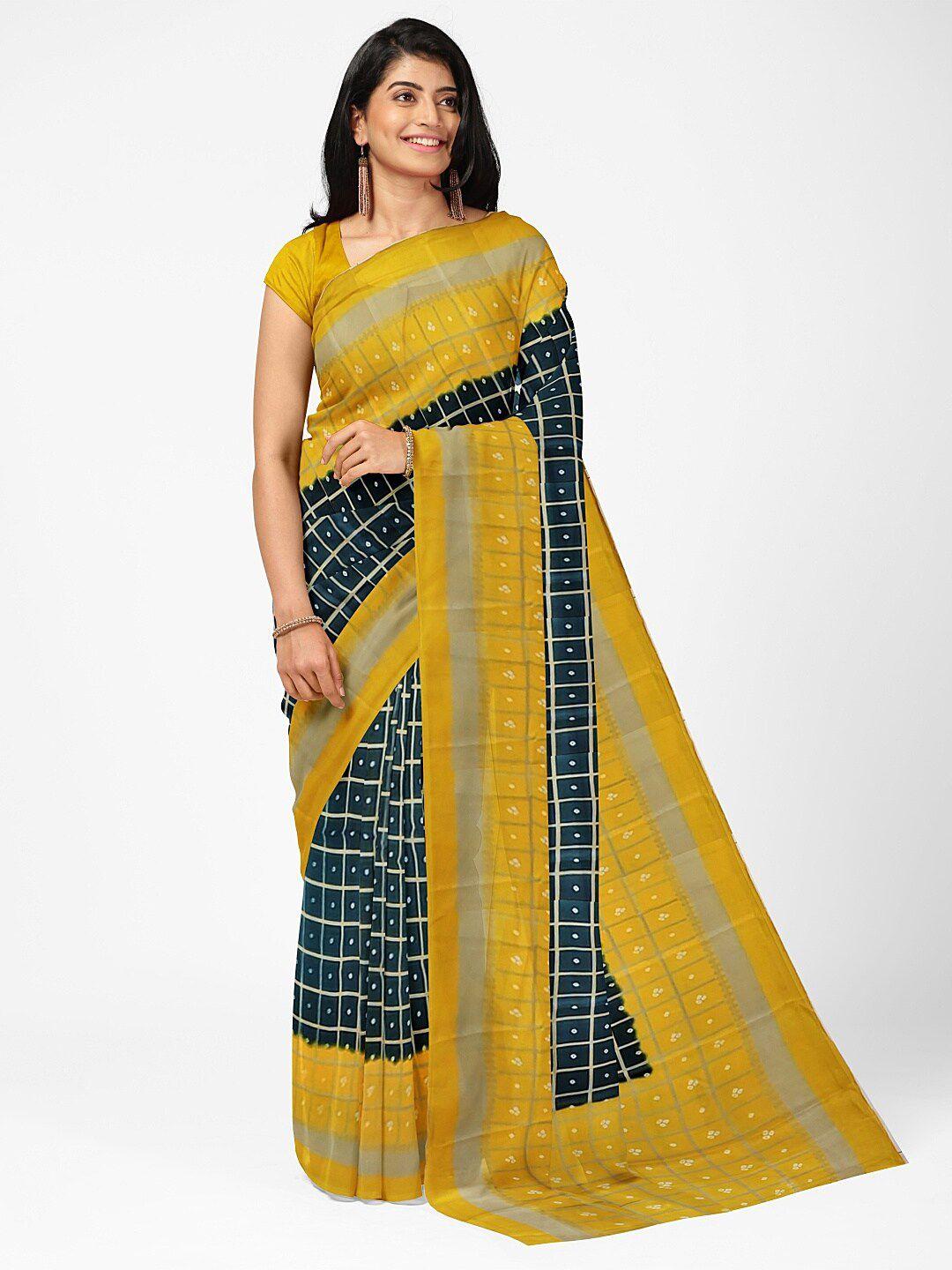 florence blue & yellow checked zari art silk saree