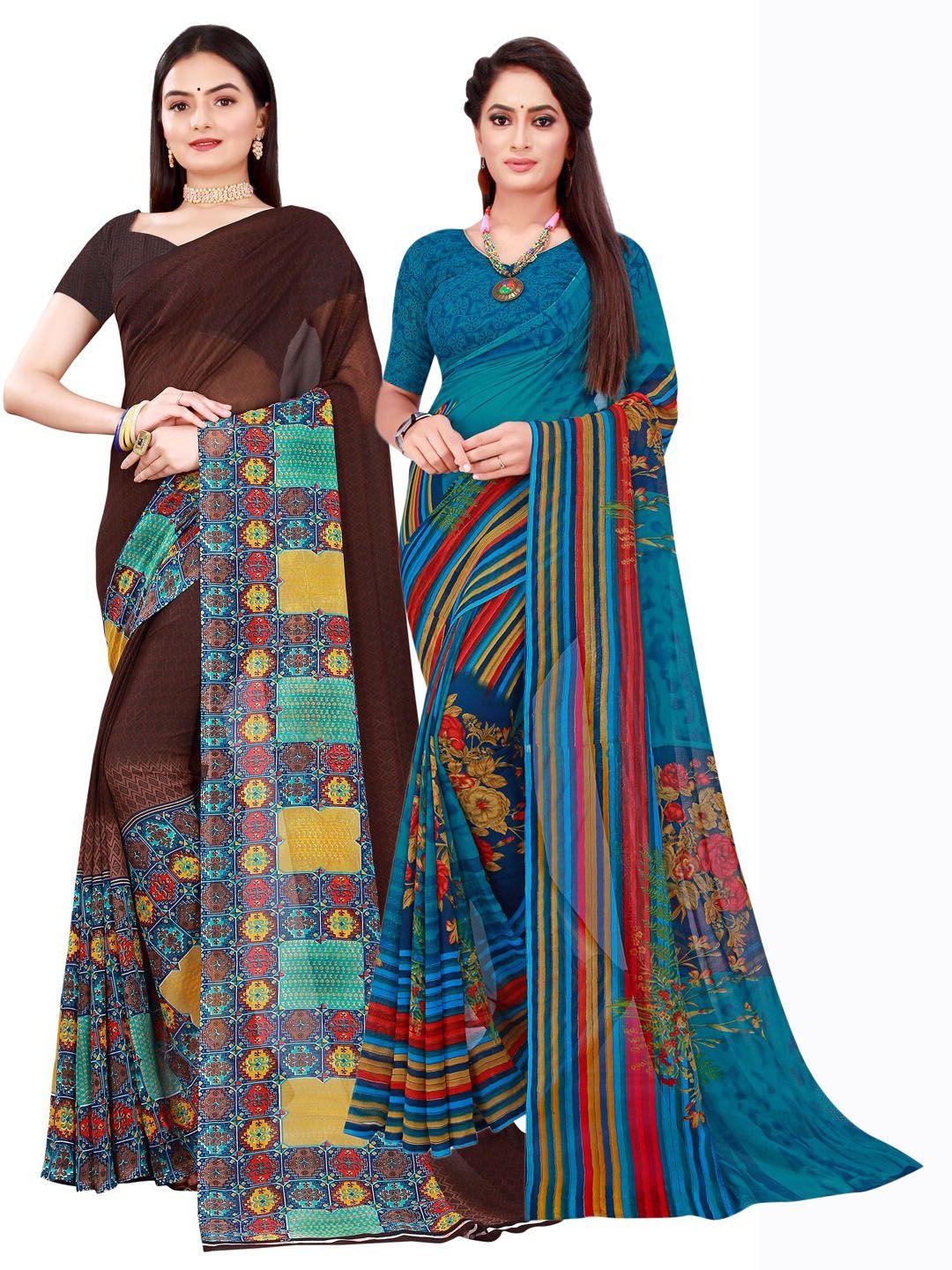 florence brown & blue floral pure georgette saree