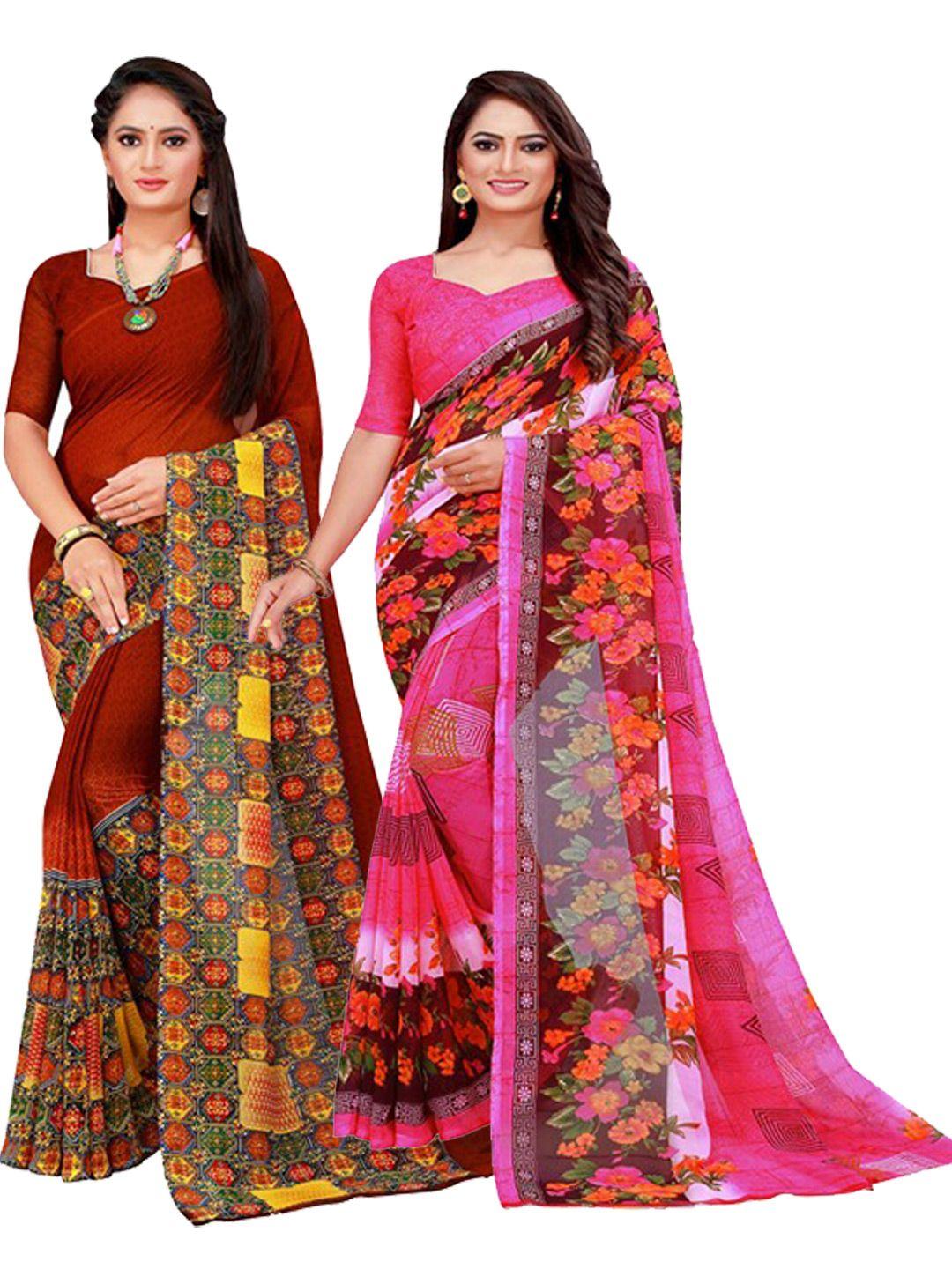 florence brown & pink pure georgette saree