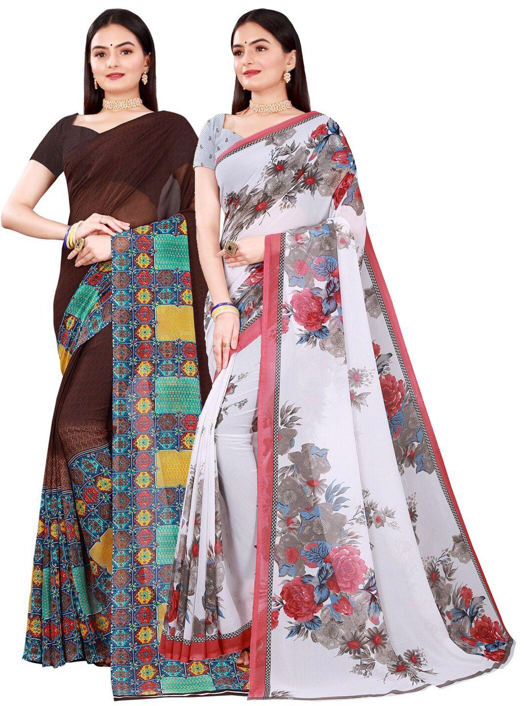 florence brown & white pure georgette saree