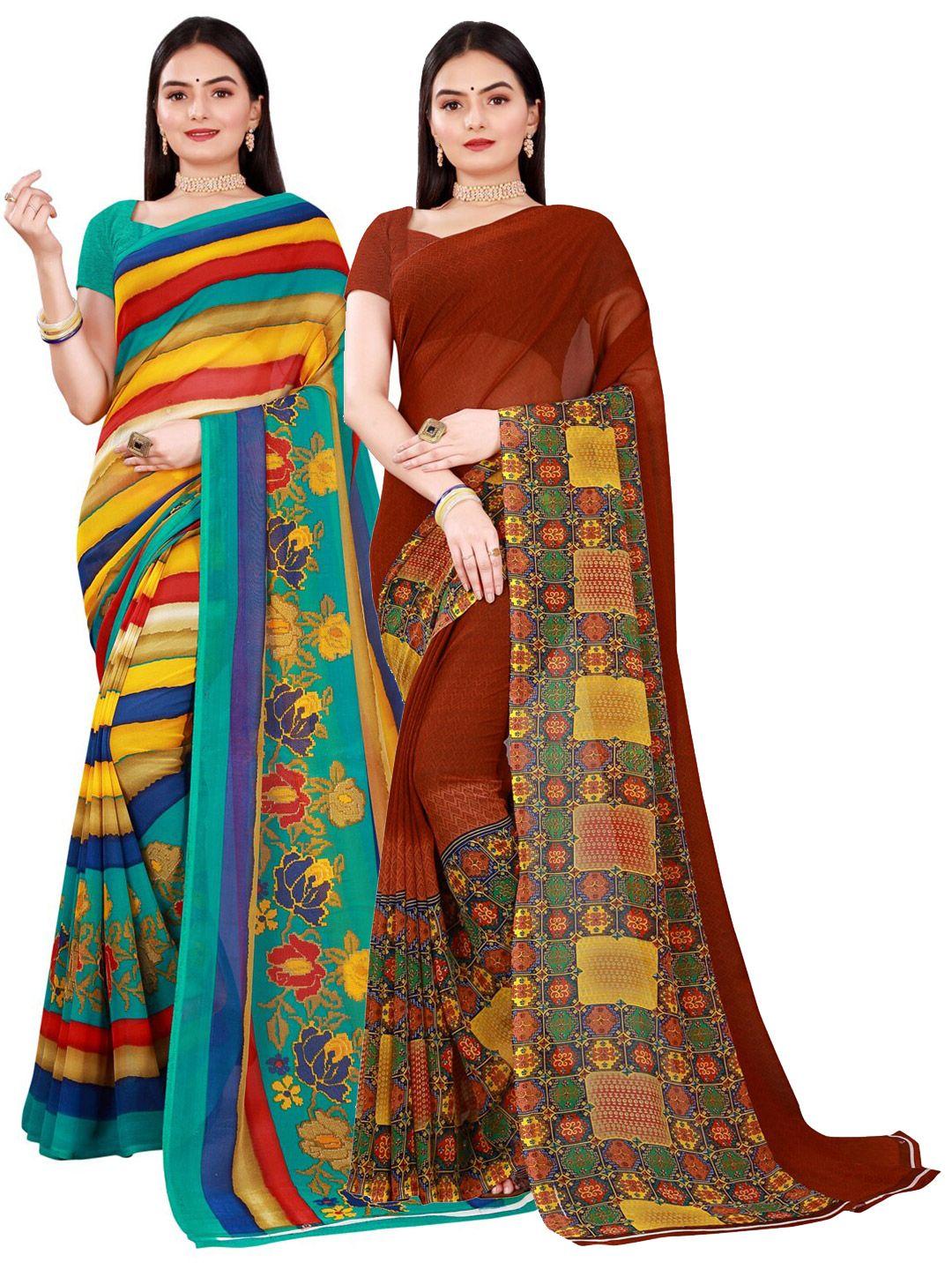 florence brown & yellow set of 2  pure georgette saree