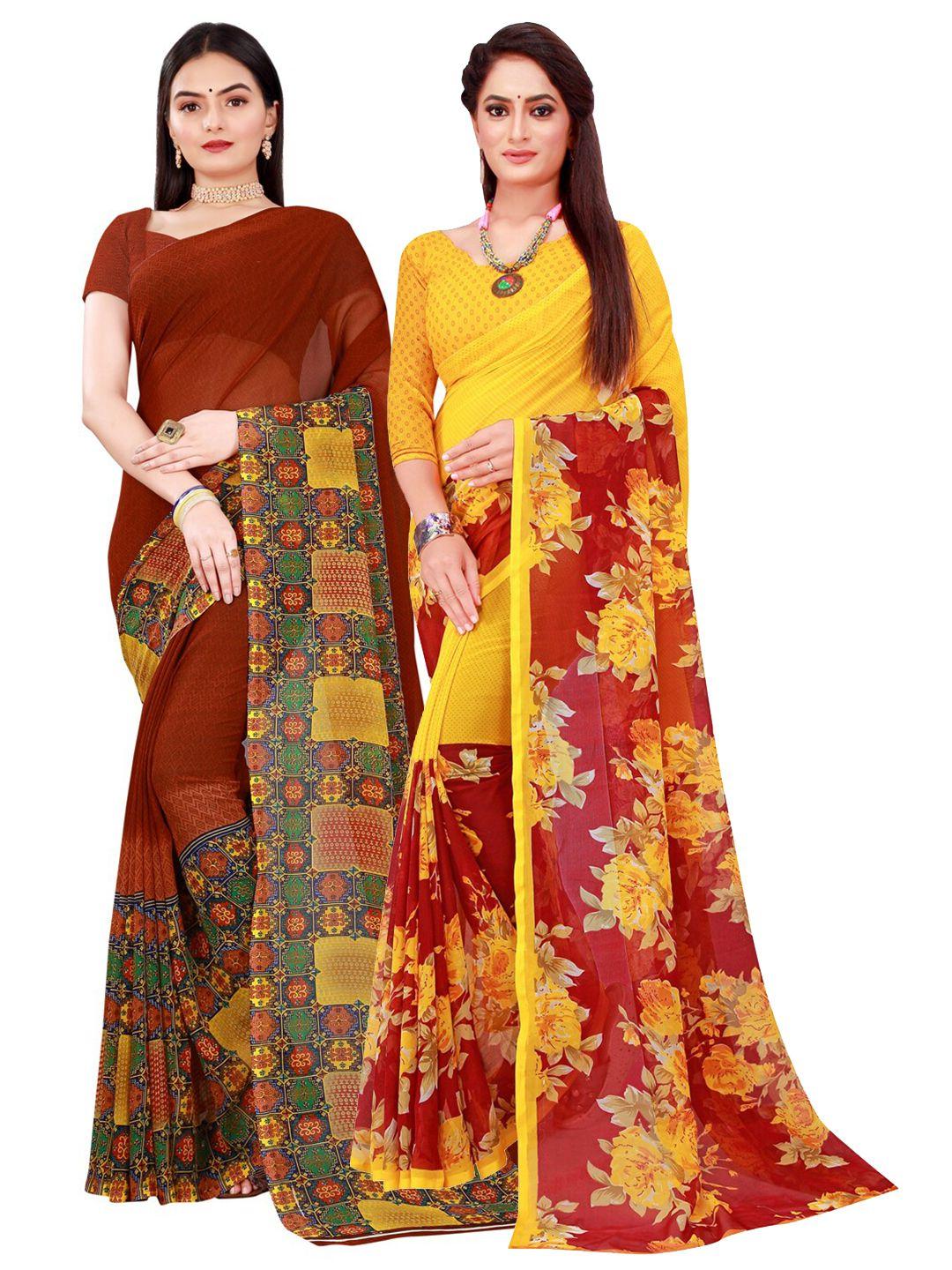 florence brown & yellow set of 2 pure georgette saree