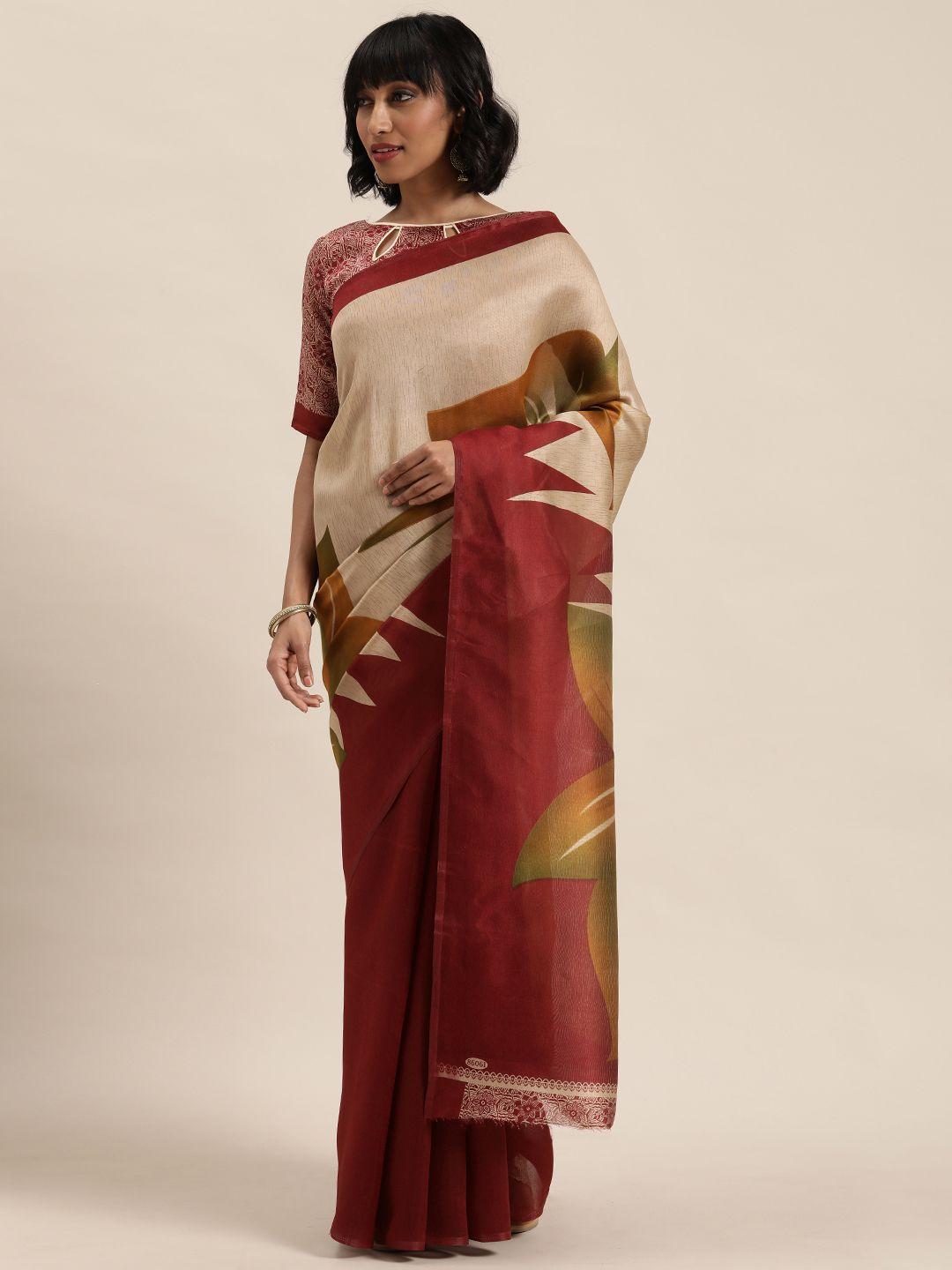 florence cream-coloured & maroon floral printed saree