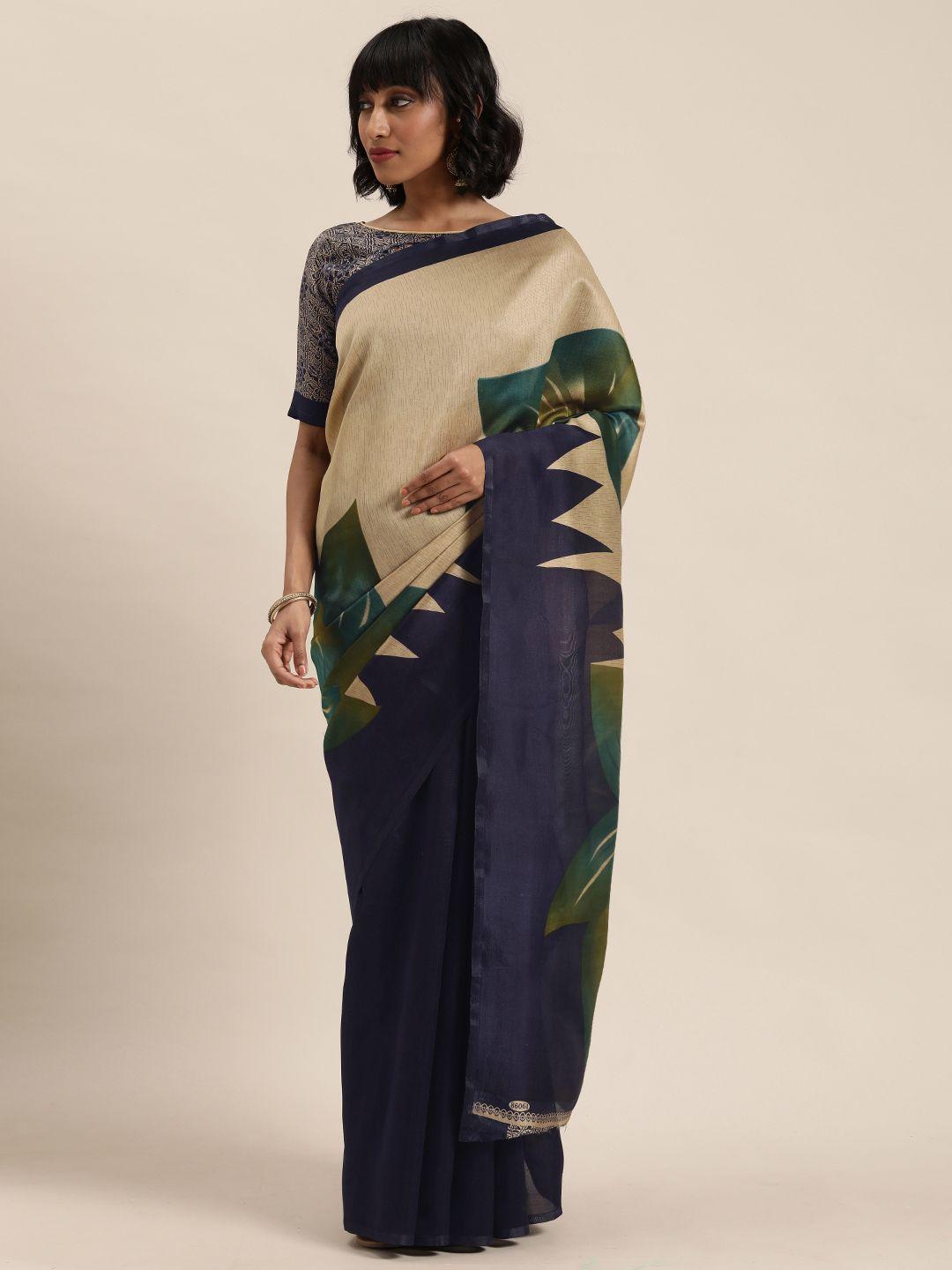 florence cream-coloured & navy blue floral printed saree