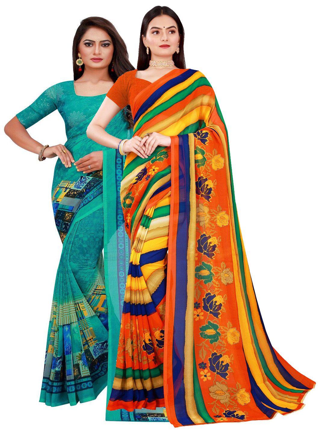 florence green & orange set of 2 floral pure georgette saree