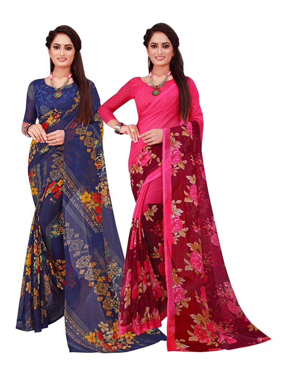 florence magenta & blue pack of 2 printed pure georgette saree