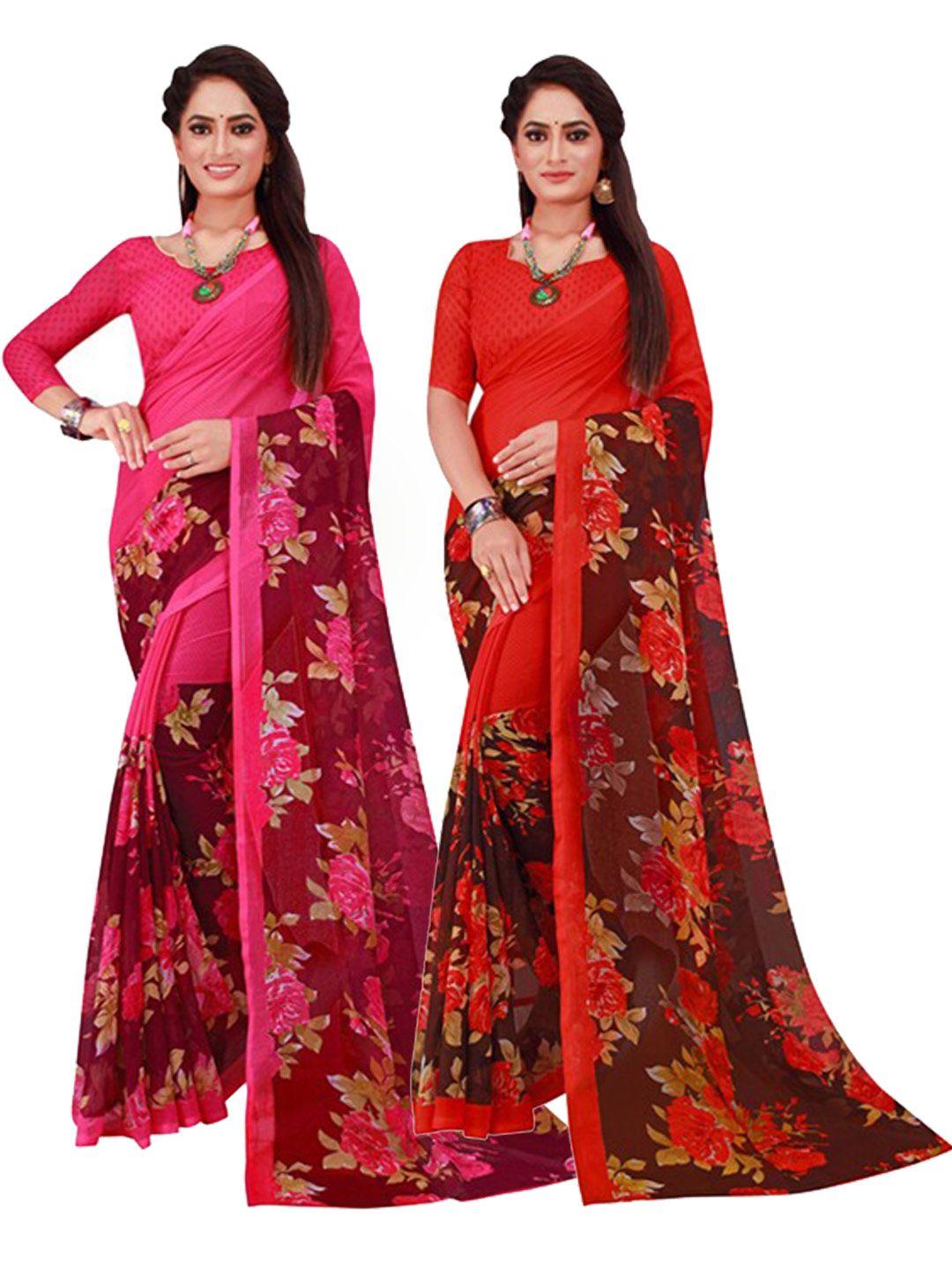 florence magenta & red pack of 2 printed pure georgette saree