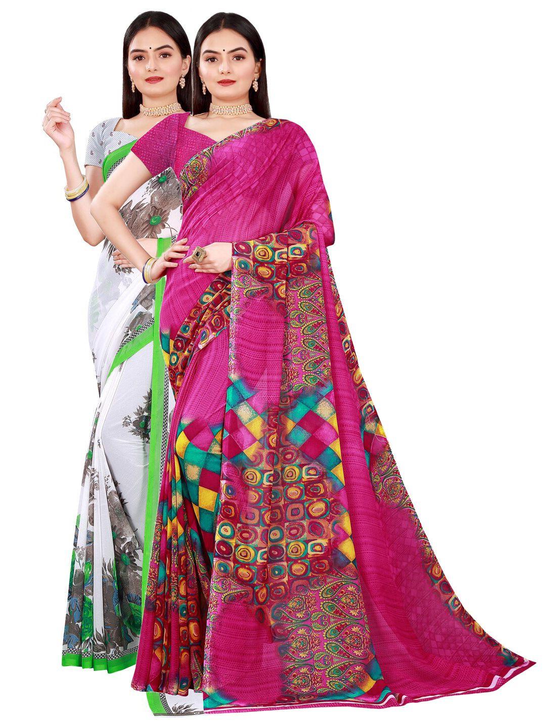 florence magenta & white green pack of 2 pure georgette saree