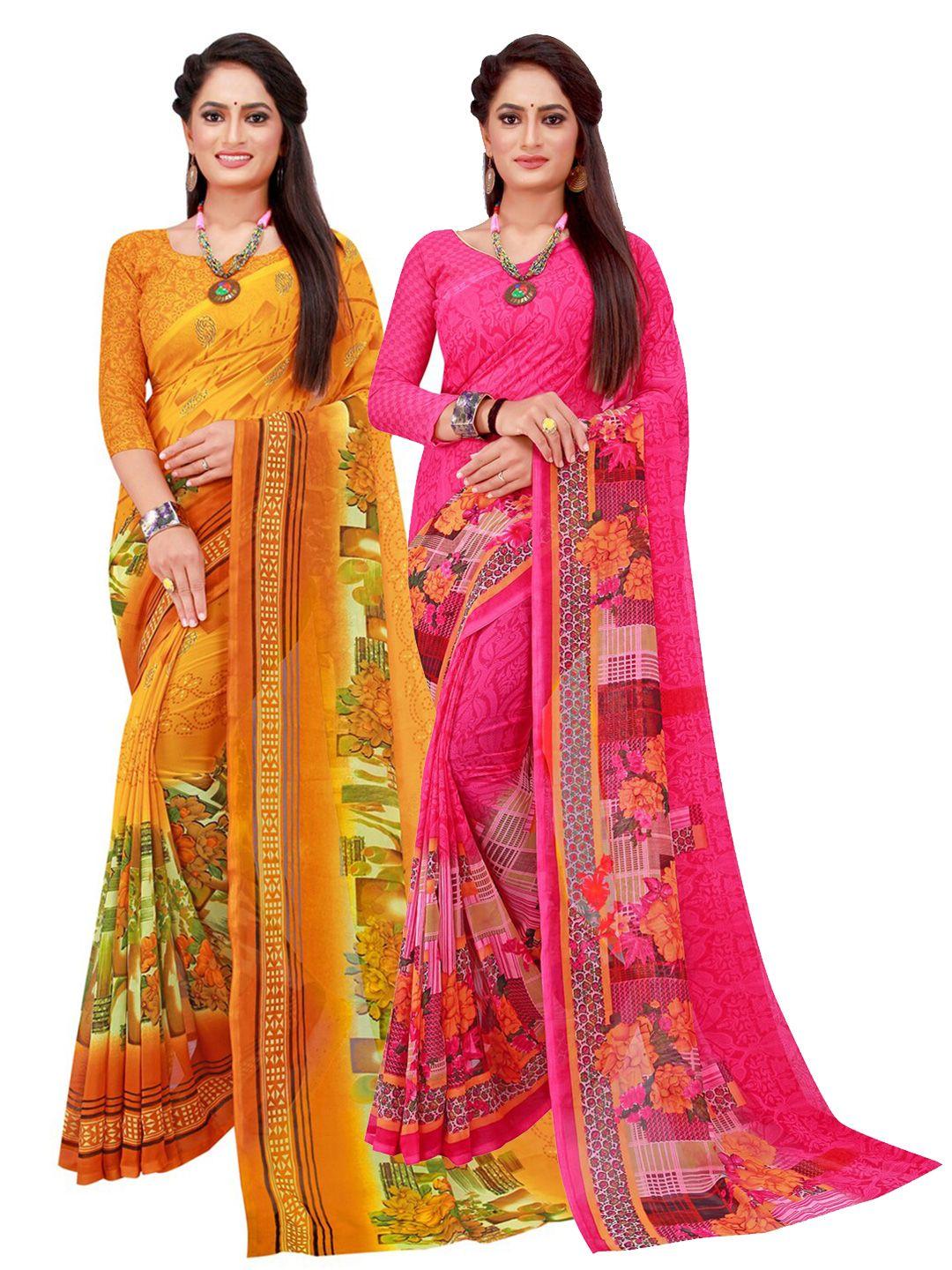 florence magenta & yellow floral pure georgette saree