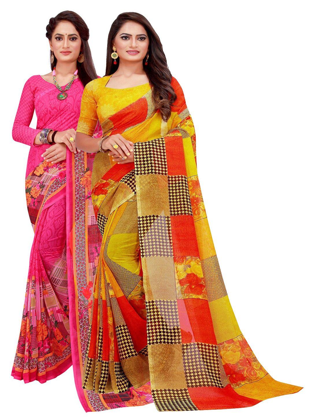 florence magenta & yellow floral pure georgette saree